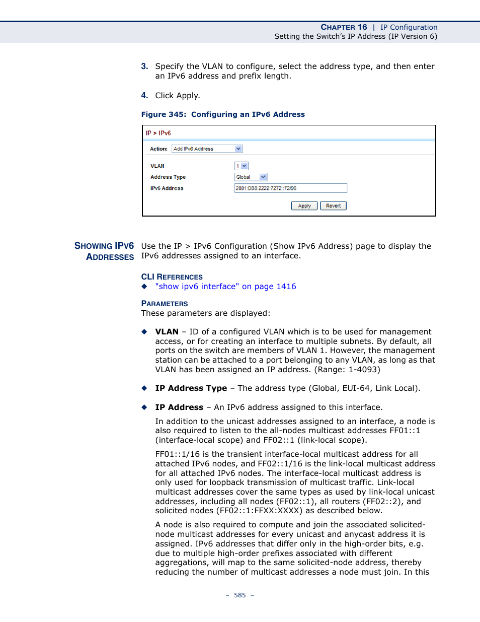 Showing ipv6 addresses, Figure 345: configuring an ipv6 address | LevelOne GTL-2691 User Manual | Page 585 / 1644