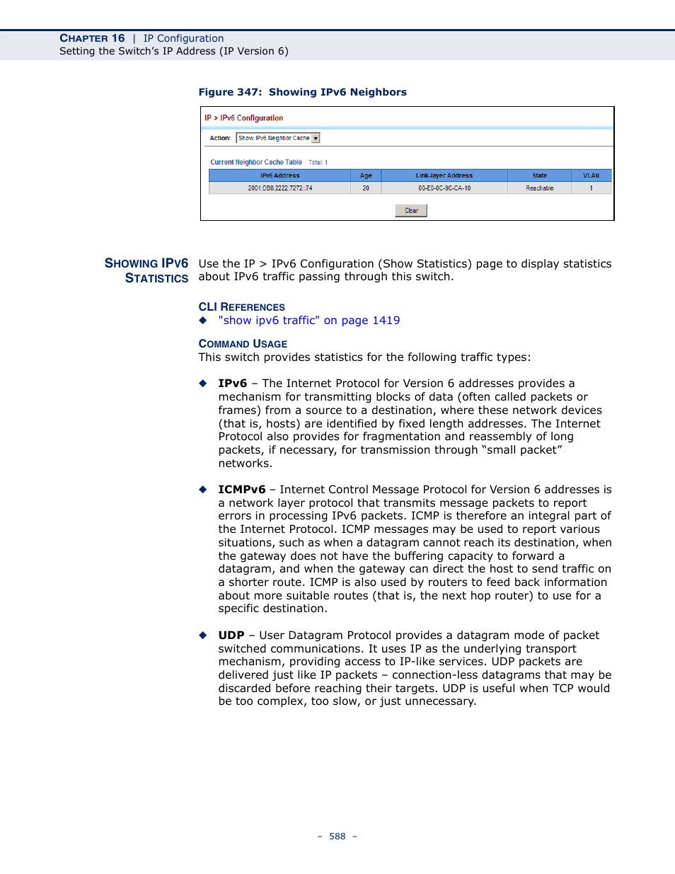 Showing ipv6 statistics, Figure 347: showing ipv6 neighbors | LevelOne GTL-2691 User Manual | Page 588 / 1644