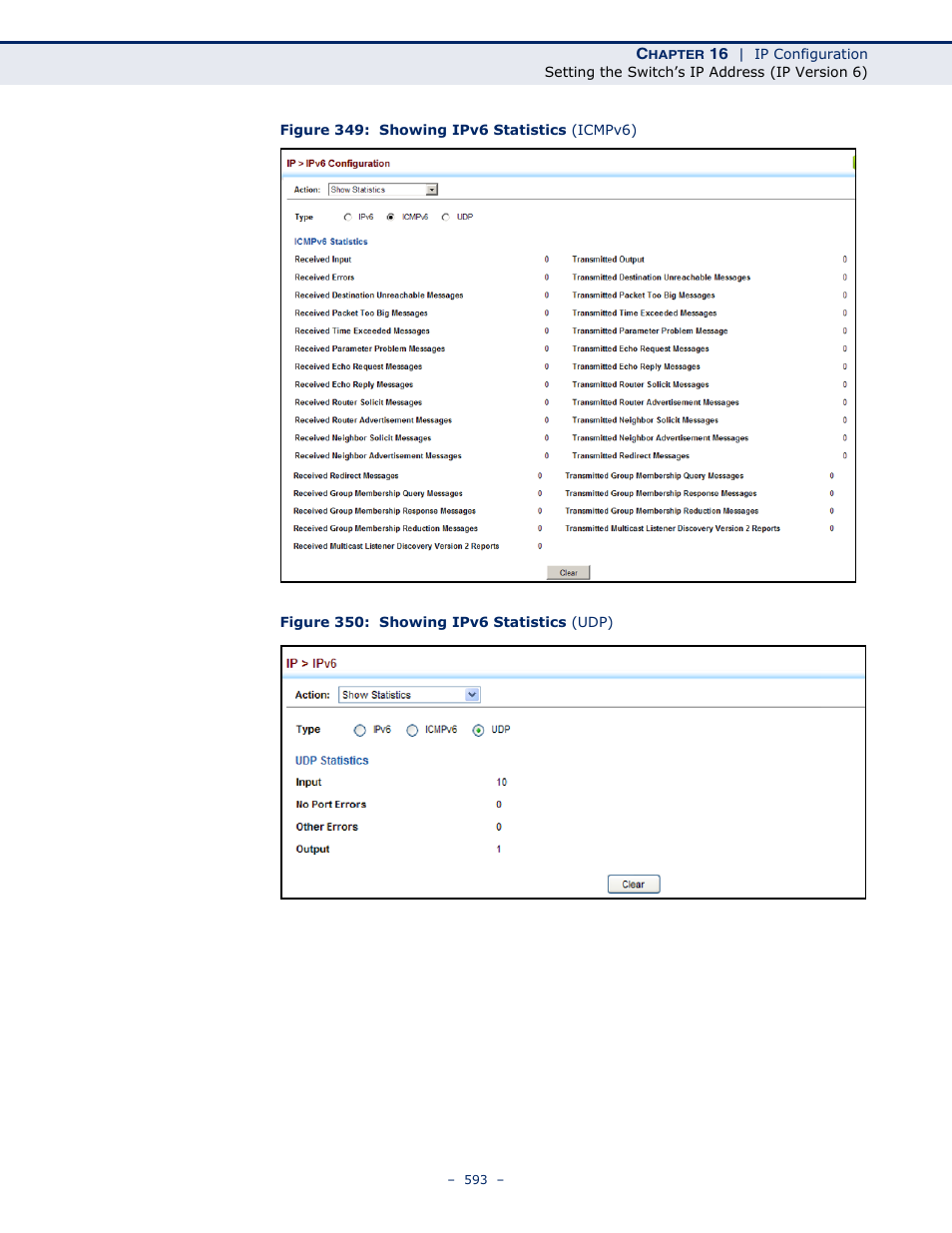 Figure 349: showing ipv6 statistics (icmpv6), Figure 350: showing ipv6 statistics (udp) | LevelOne GTL-2691 User Manual | Page 593 / 1644