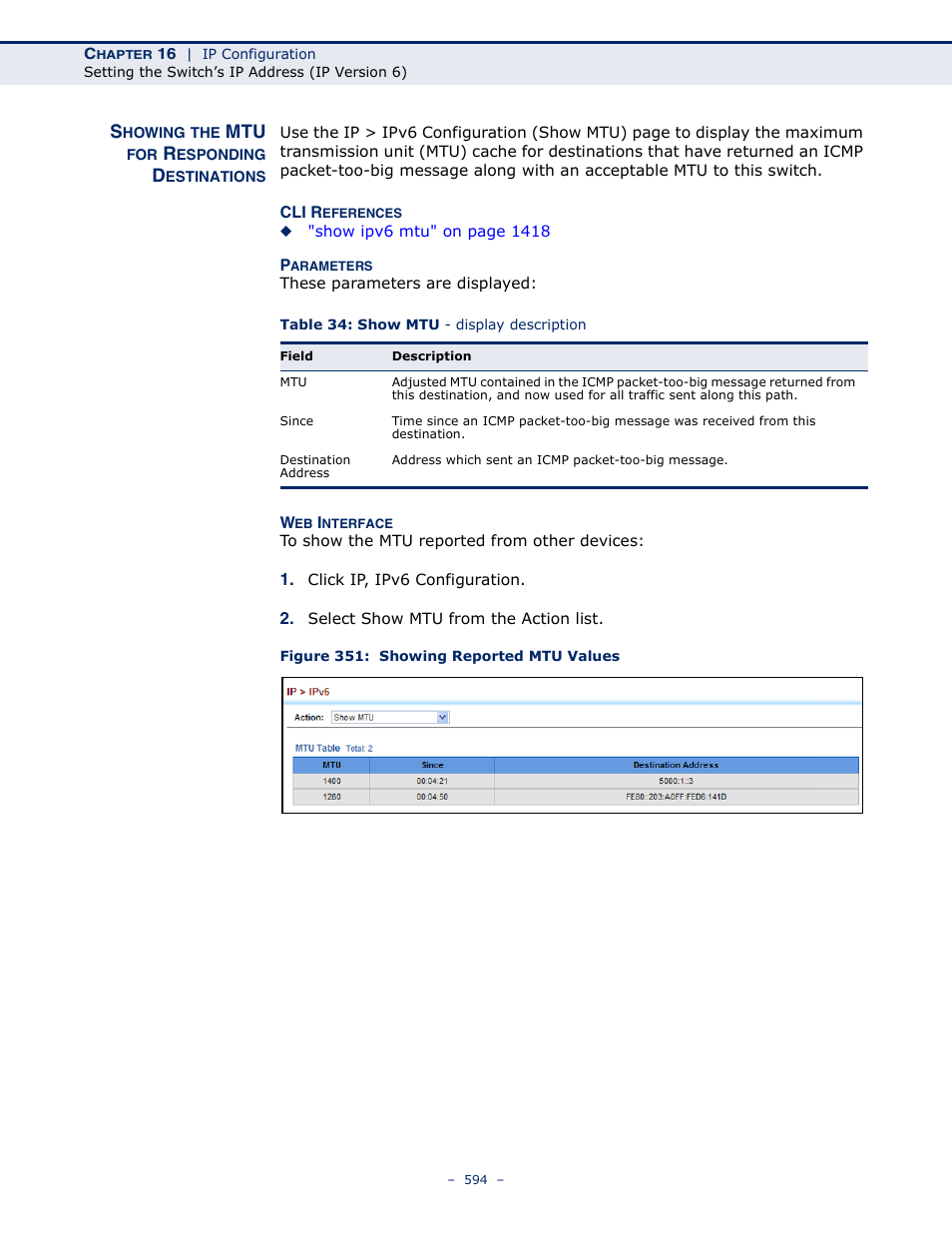 Showing the mtu for responding destinations, Figure 351: showing reported mtu values, Table 34: show mtu - display description | LevelOne GTL-2691 User Manual | Page 594 / 1644