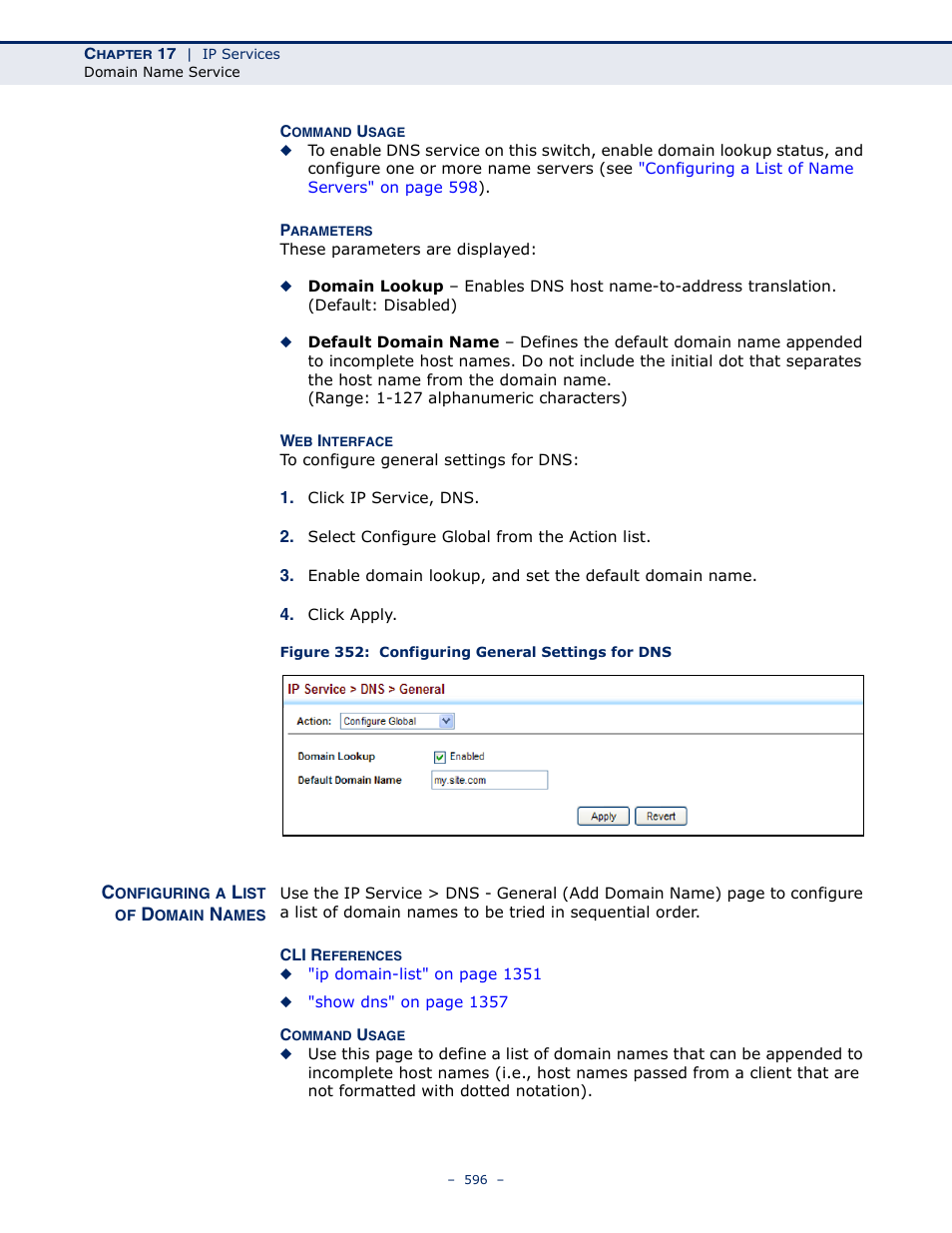 Configuring a list of domain names, Figure 352: configuring general settings for dns | LevelOne GTL-2691 User Manual | Page 596 / 1644