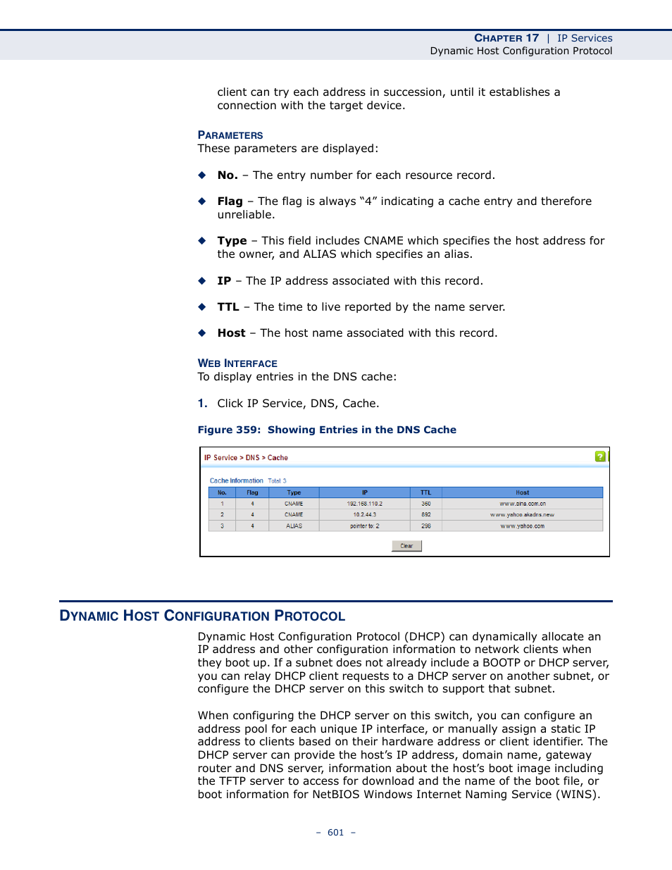 Dynamic host configuration protocol, Figure 359: showing entries in the dns cache | LevelOne GTL-2691 User Manual | Page 601 / 1644