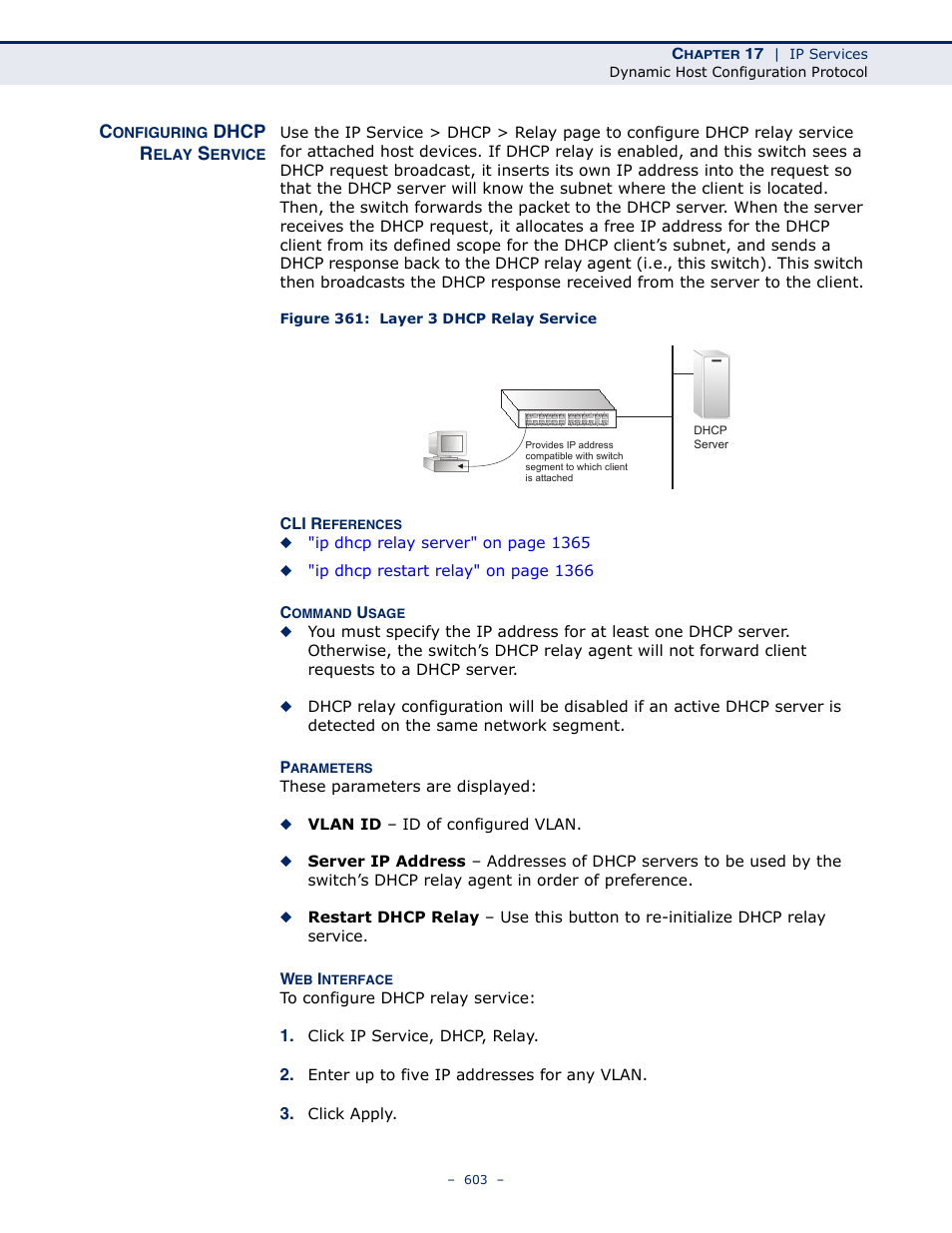 Configuring dhcp relay service, Figure 361: layer 3 dhcp relay service, Dhcp relay | LevelOne GTL-2691 User Manual | Page 603 / 1644