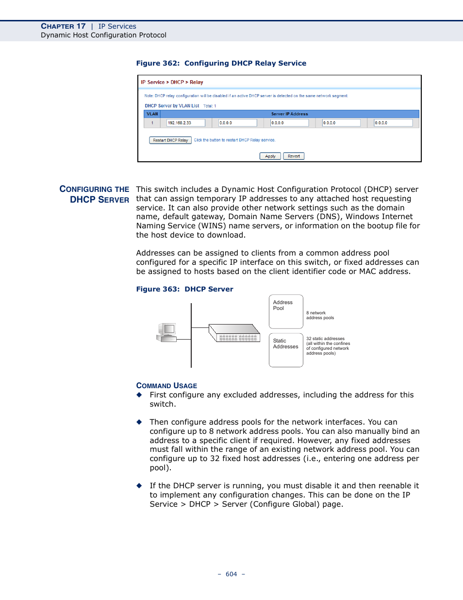 Configuring the dhcp server, Figure 362: configuring dhcp relay service, Figure 363: dhcp server | Dhcp server, Dhcp s | LevelOne GTL-2691 User Manual | Page 604 / 1644