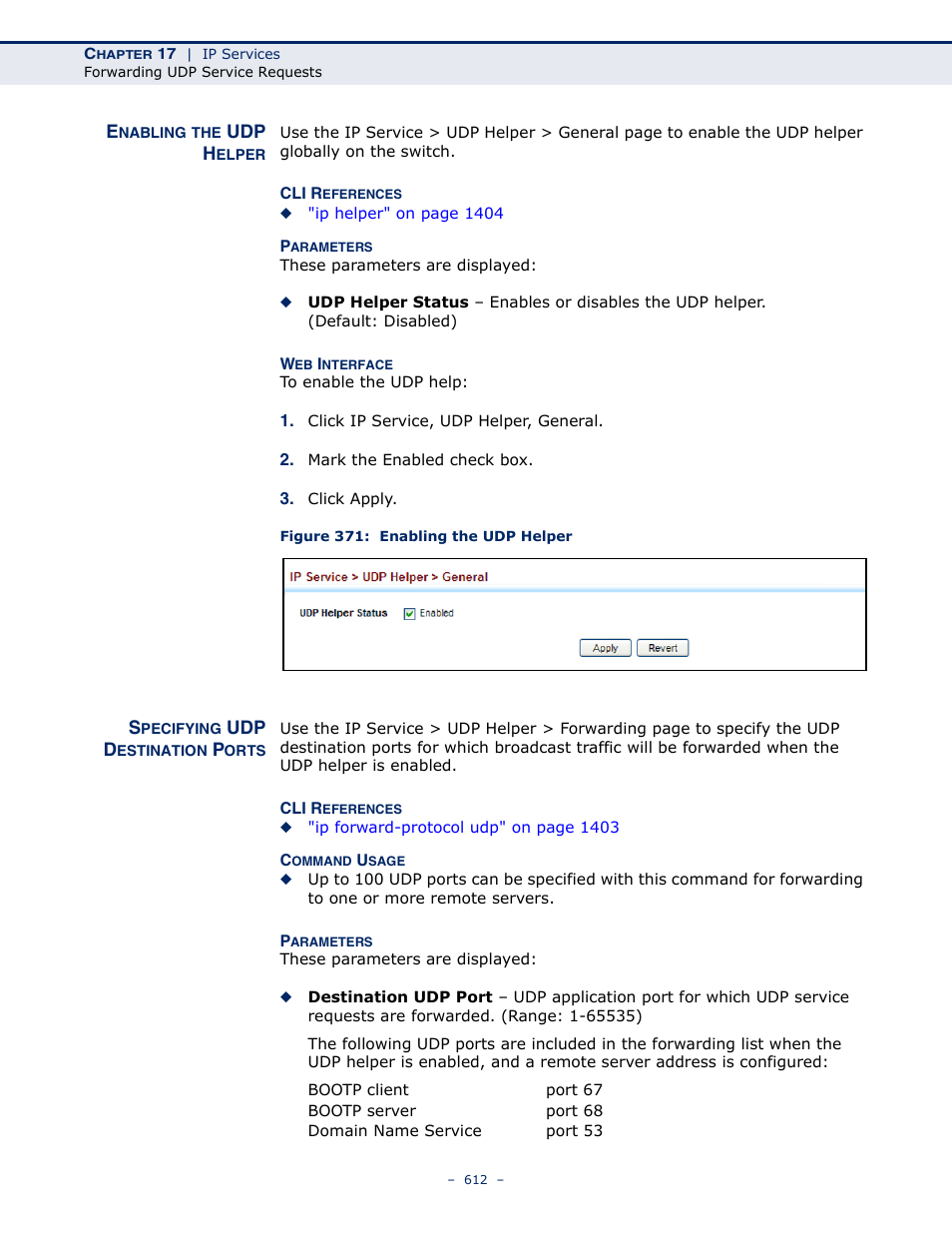 Enabling the udp helper, Specifying udp destination ports, Figure 371: enabling the udp helper | Specifying udp | LevelOne GTL-2691 User Manual | Page 612 / 1644