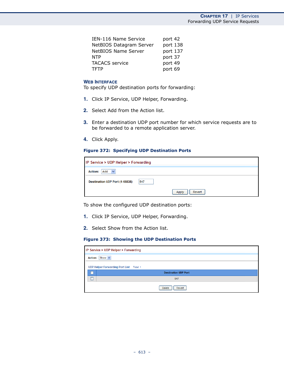 Figure 372: specifying udp destination ports, Figure 373: showing the udp destination ports | LevelOne GTL-2691 User Manual | Page 613 / 1644