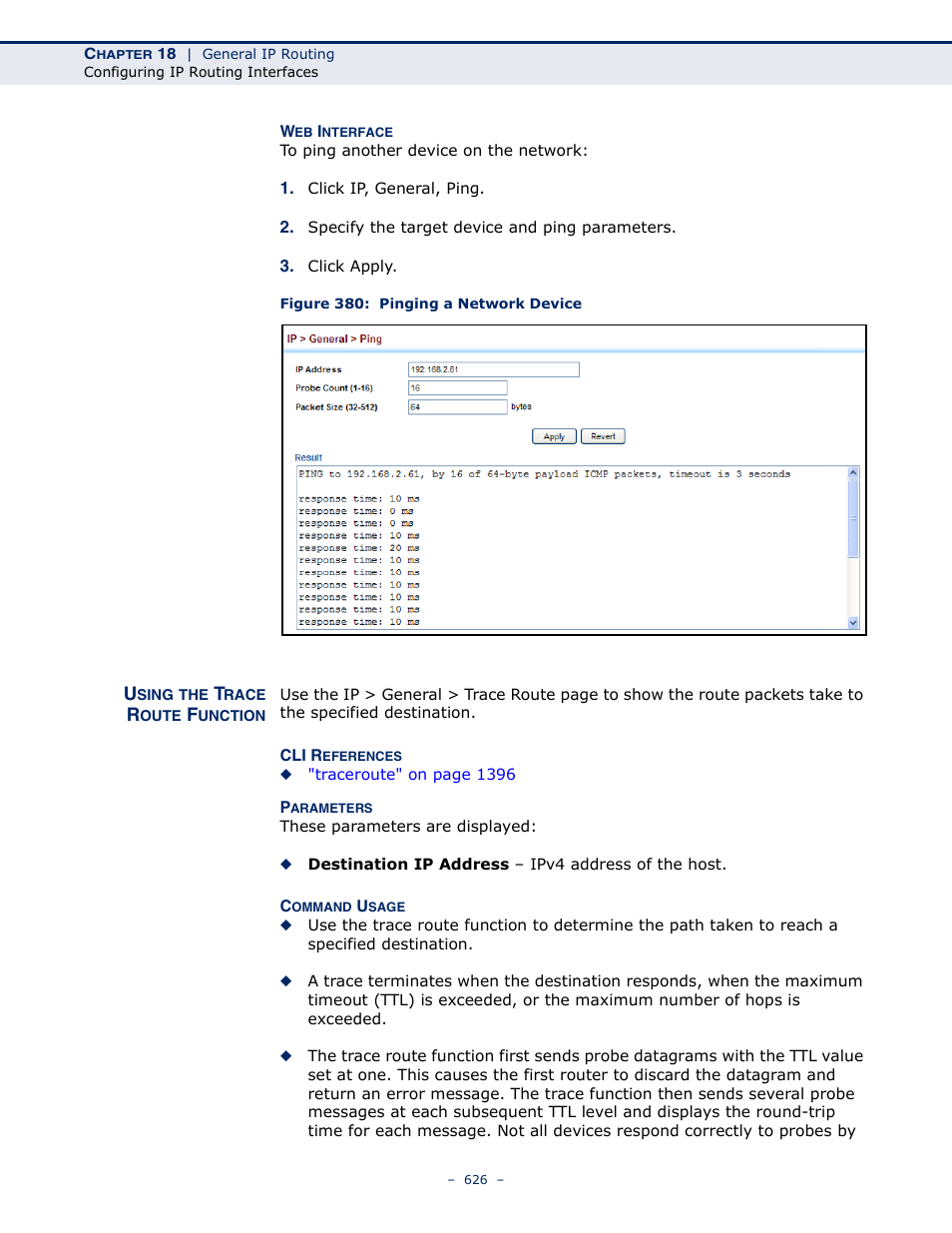Using the trace route function, Figure 380: pinging a network device, Trace | LevelOne GTL-2691 User Manual | Page 626 / 1644