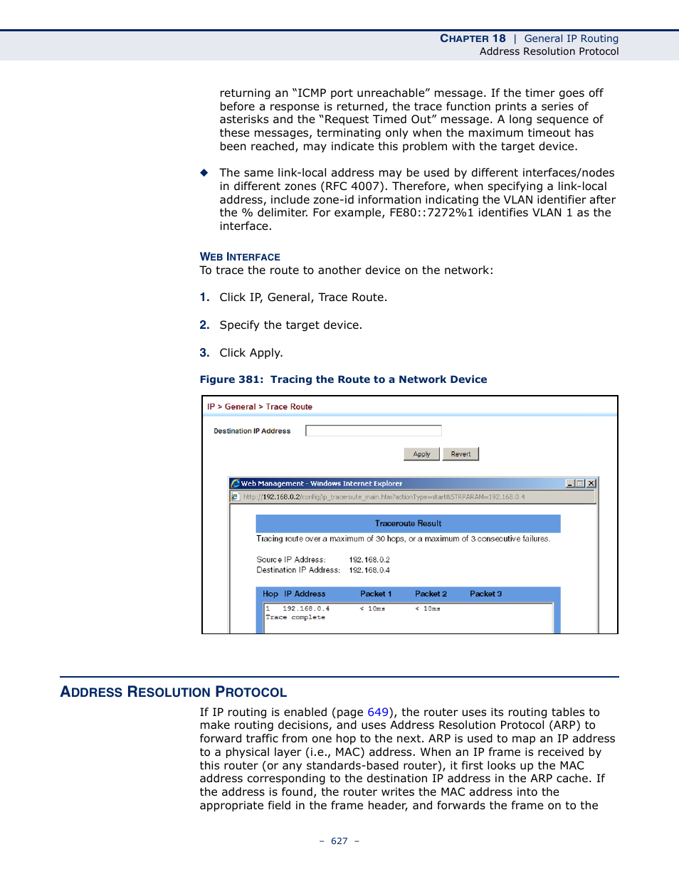 Address resolution protocol, Figure 381: tracing the route to a network device | LevelOne GTL-2691 User Manual | Page 627 / 1644