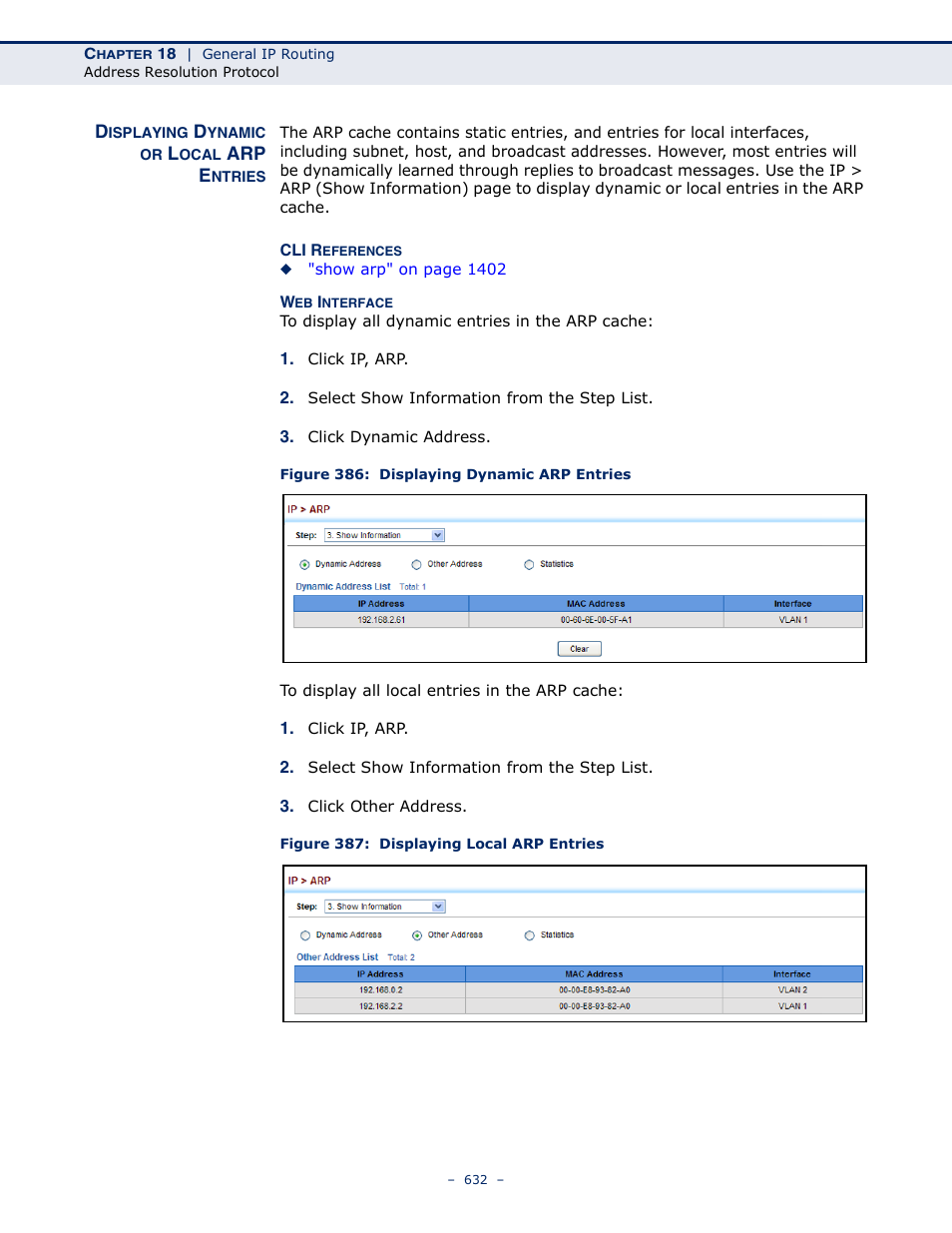 Displaying dynamic or local arp entries, Figure 386: displaying dynamic arp entries, Figure 387: displaying local arp entries | LevelOne GTL-2691 User Manual | Page 632 / 1644