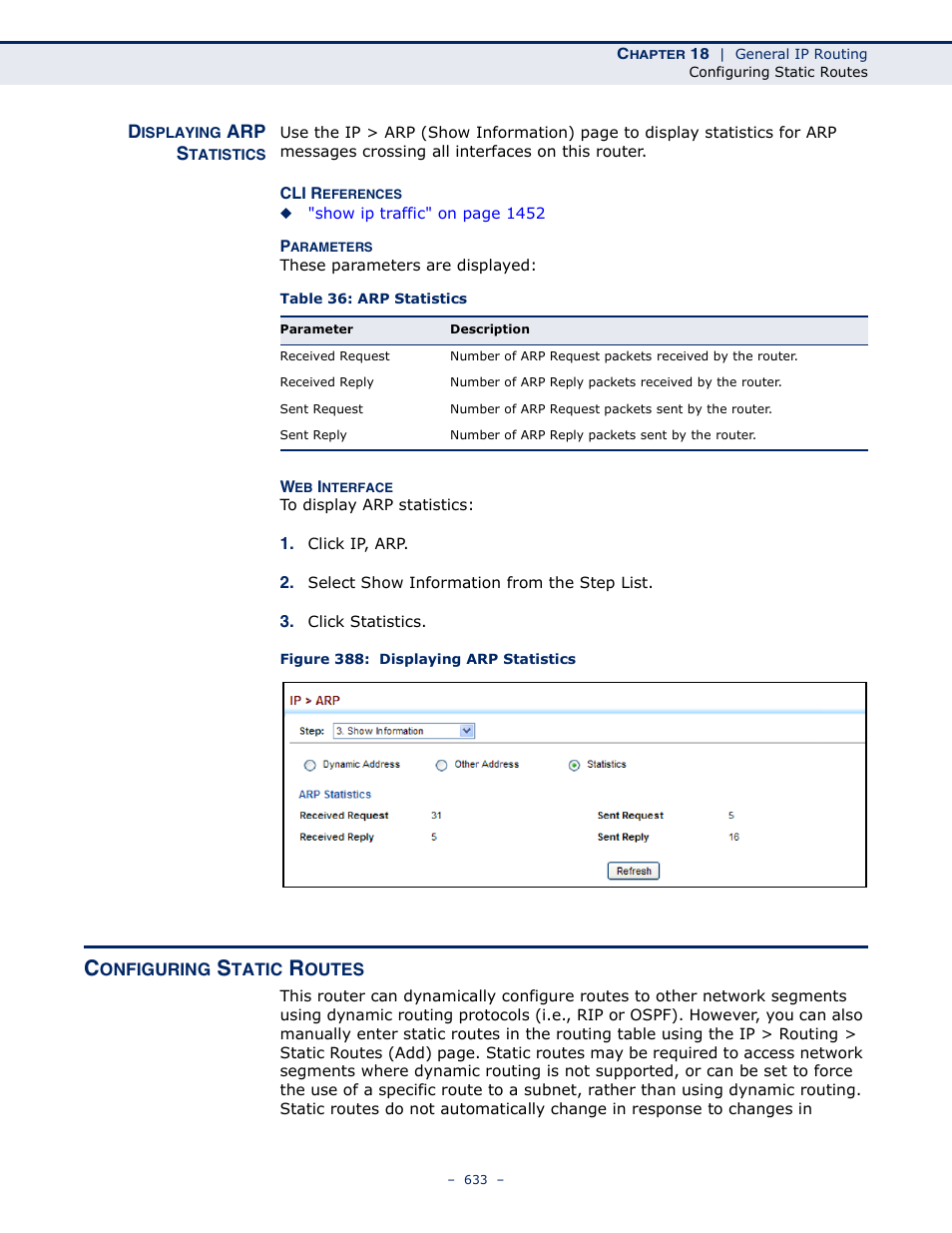 Displaying arp statistics, Configuring static routes, Figure 388: displaying arp statistics | Table 36: arp statistics, Or us, Static routes | LevelOne GTL-2691 User Manual | Page 633 / 1644