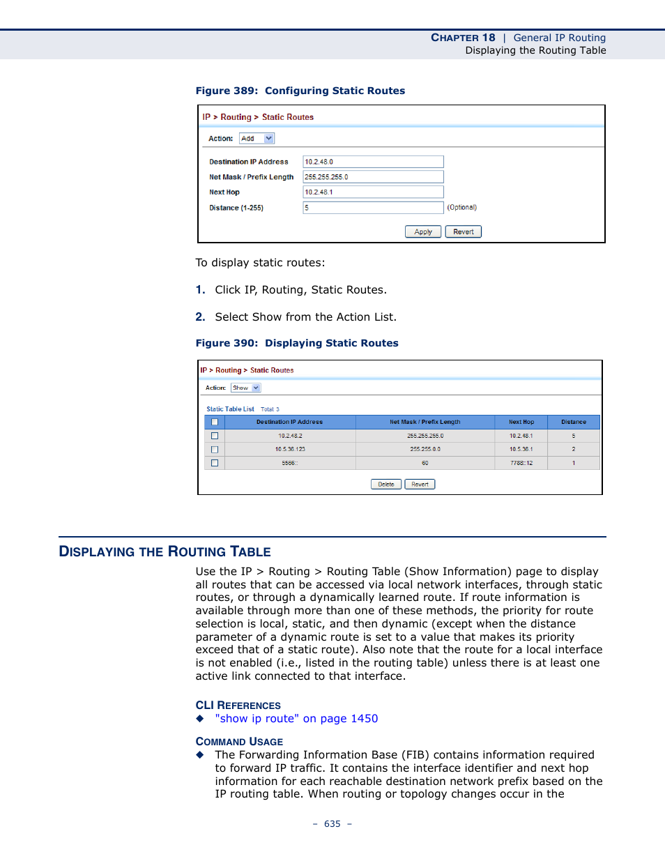 Displaying the routing table, Figure 389: configuring static routes, Figure 390: displaying static routes | Routing table | LevelOne GTL-2691 User Manual | Page 635 / 1644