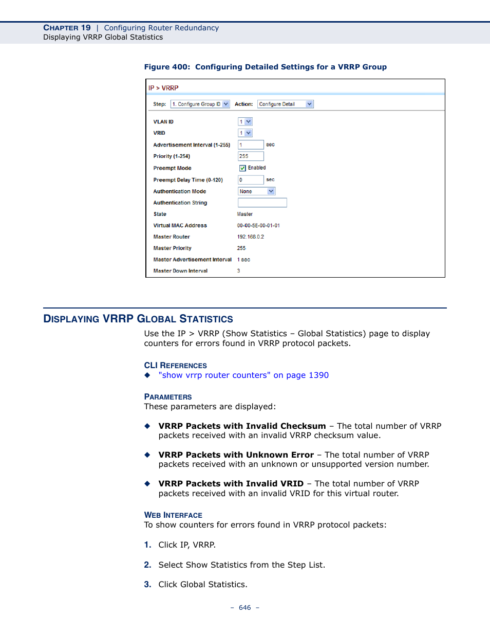 Displaying vrrp global statistics, Vrrp g | LevelOne GTL-2691 User Manual | Page 646 / 1644