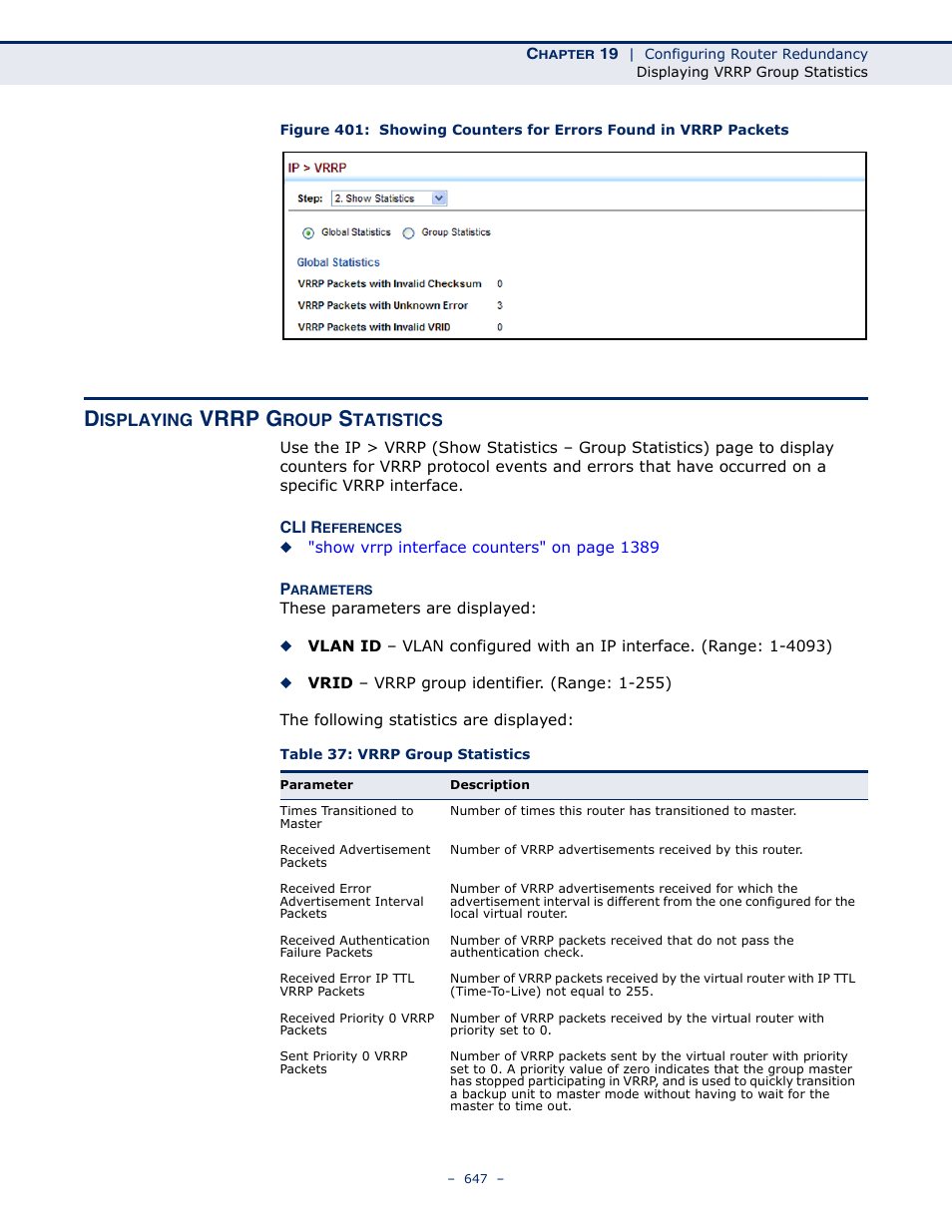 Displaying vrrp group statistics, Table 37: vrrp group statistics, Vrrp g | LevelOne GTL-2691 User Manual | Page 647 / 1644