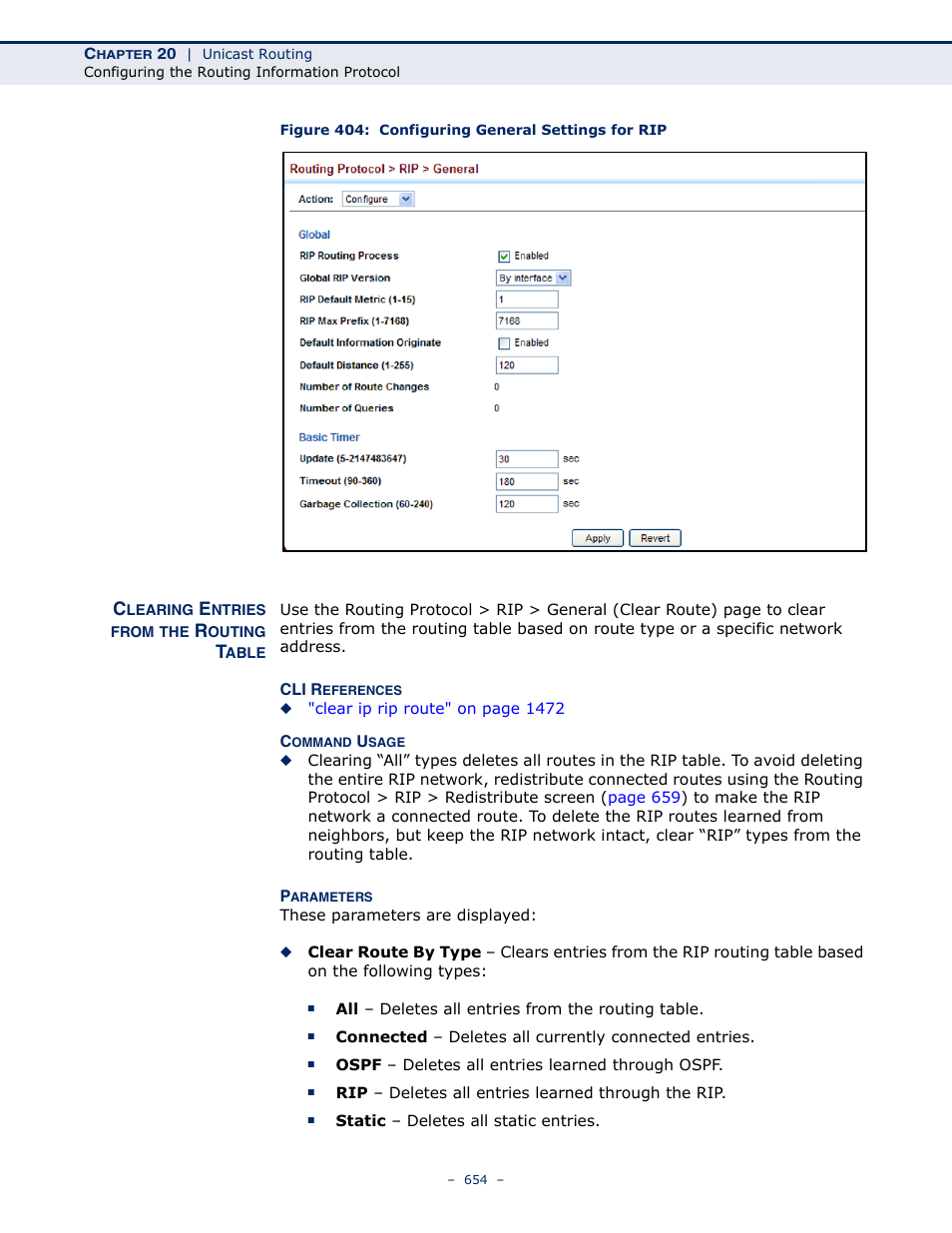 Clearing entries from the routing table, Figure 404: configuring general settings for rip | LevelOne GTL-2691 User Manual | Page 654 / 1644