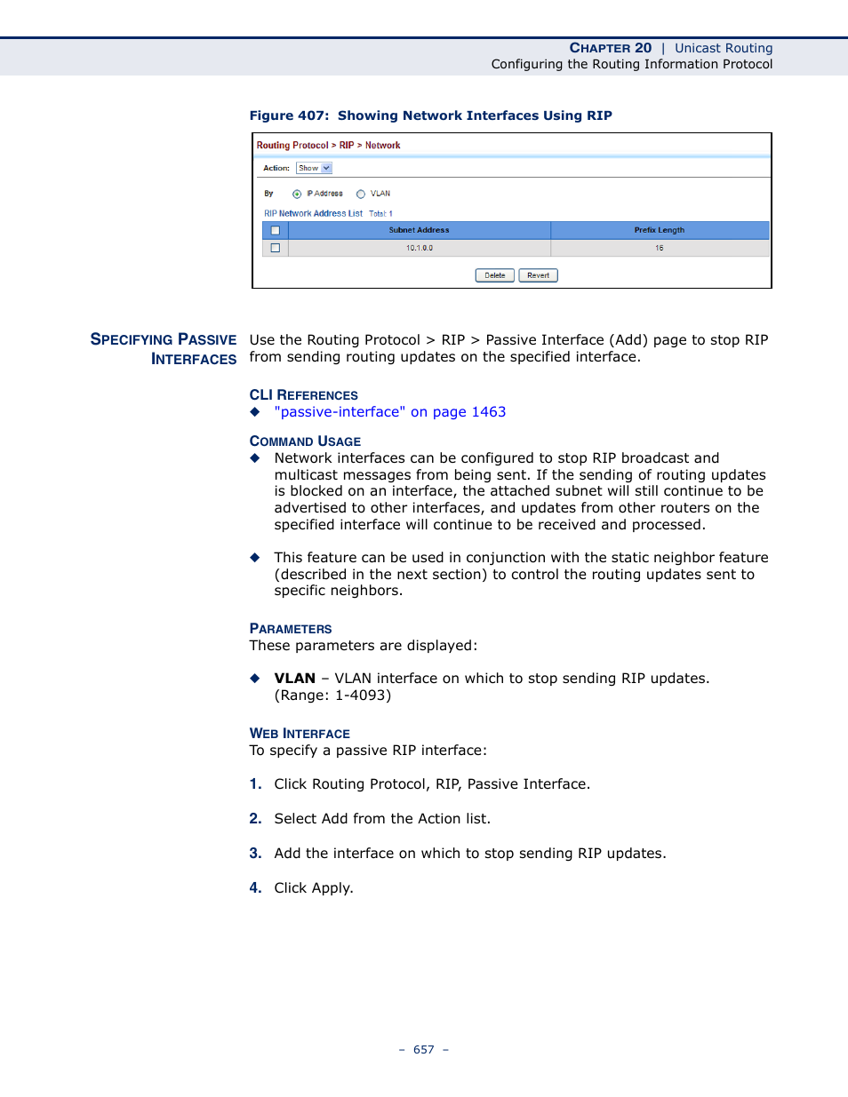 Specifying passive interfaces, Figure 407: showing network interfaces using rip | LevelOne GTL-2691 User Manual | Page 657 / 1644