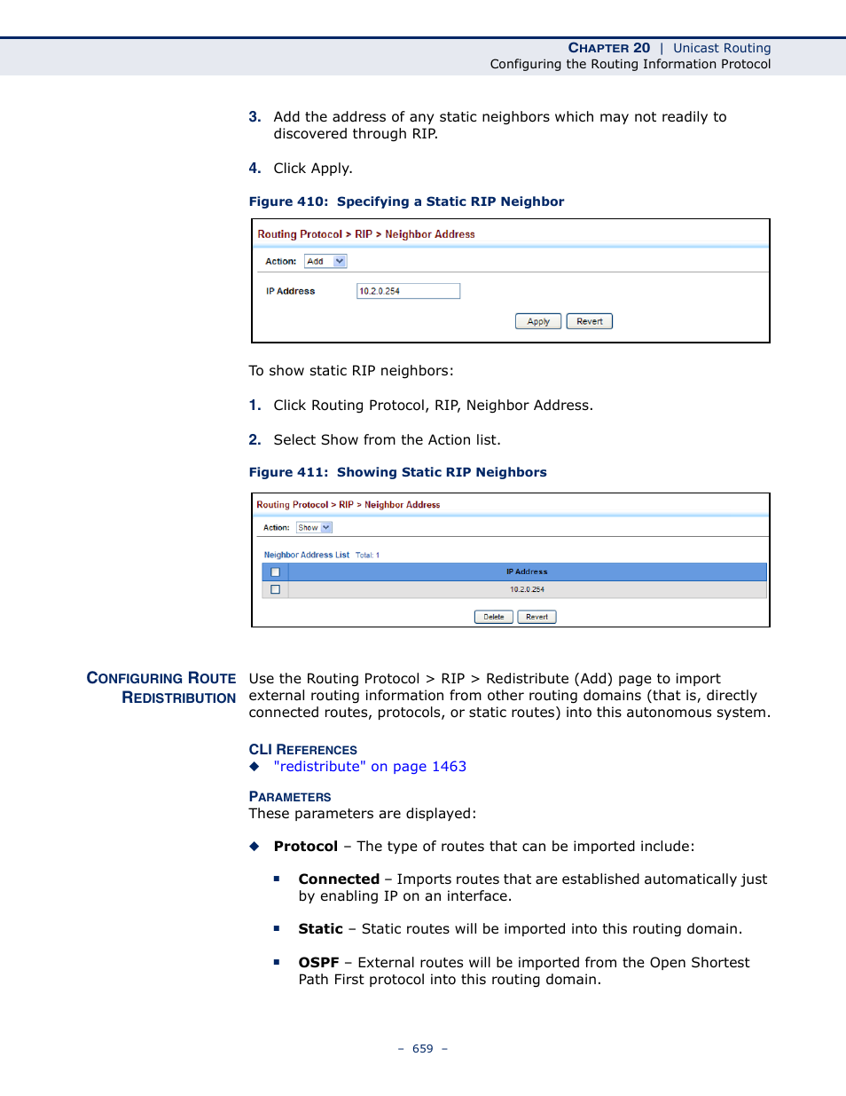 Configuring route redistribution, Figure 410: specifying a static rip neighbor, Figure 411: showing static rip neighbors | Configuring route redistribution" on | LevelOne GTL-2691 User Manual | Page 659 / 1644