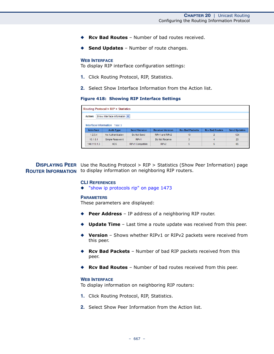 Displaying peer router information, Figure 418: showing rip interface settings | LevelOne GTL-2691 User Manual | Page 667 / 1644
