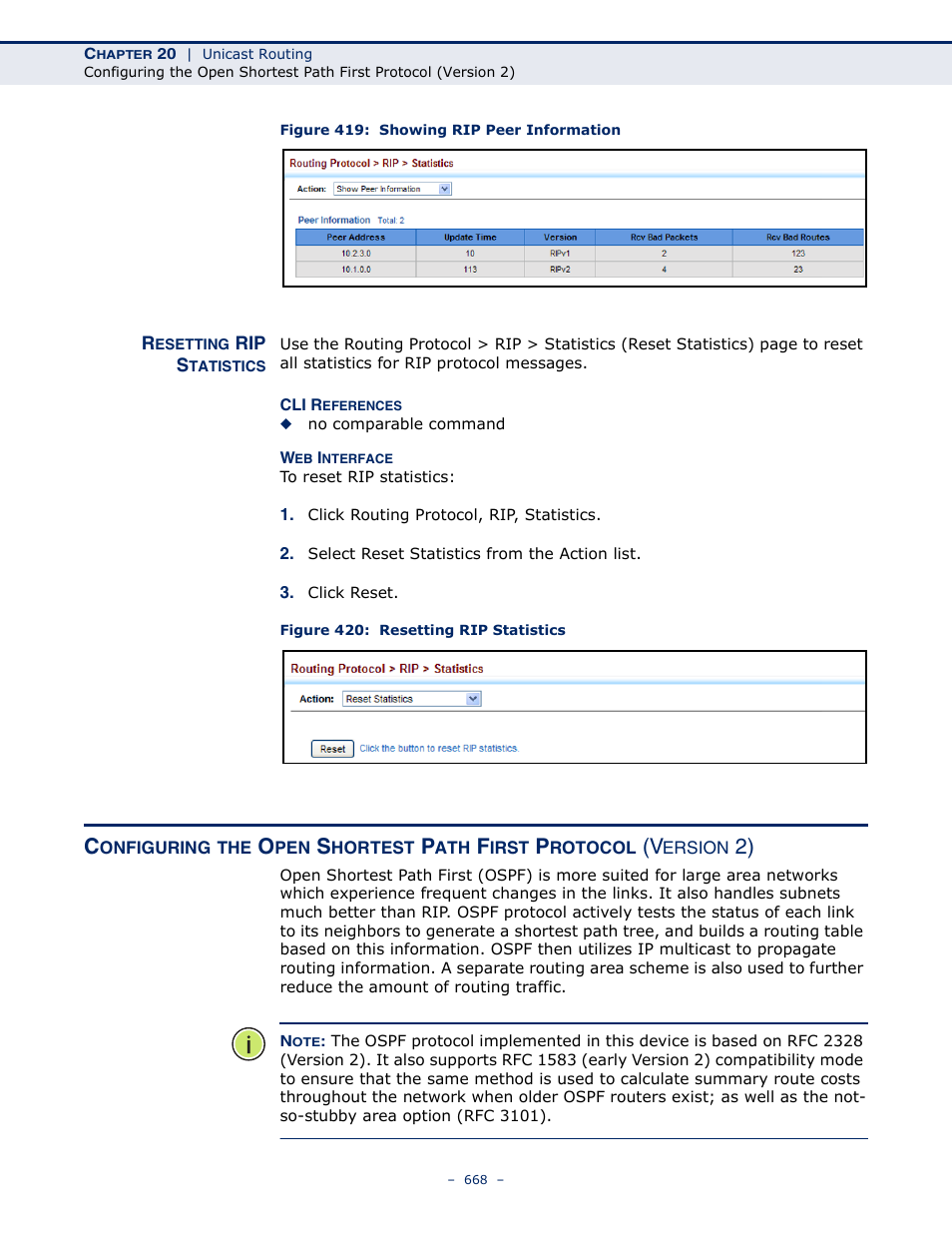 Resetting rip statistics, Figure 419: showing rip peer information, Figure 420: resetting rip statistics | LevelOne GTL-2691 User Manual | Page 668 / 1644