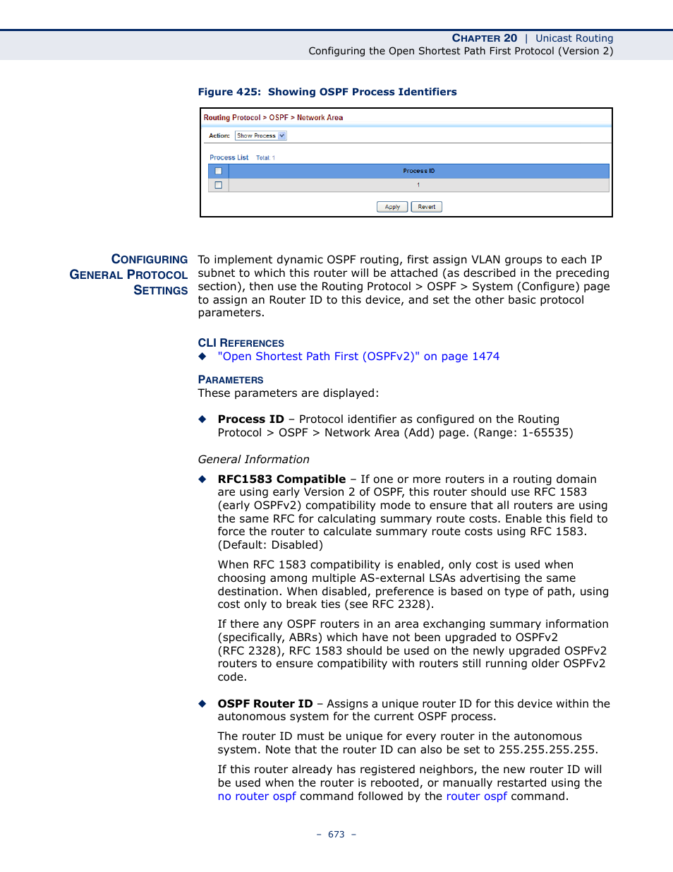 Configuring general protocol settings, Figure 425: showing ospf process identifiers | LevelOne GTL-2691 User Manual | Page 673 / 1644