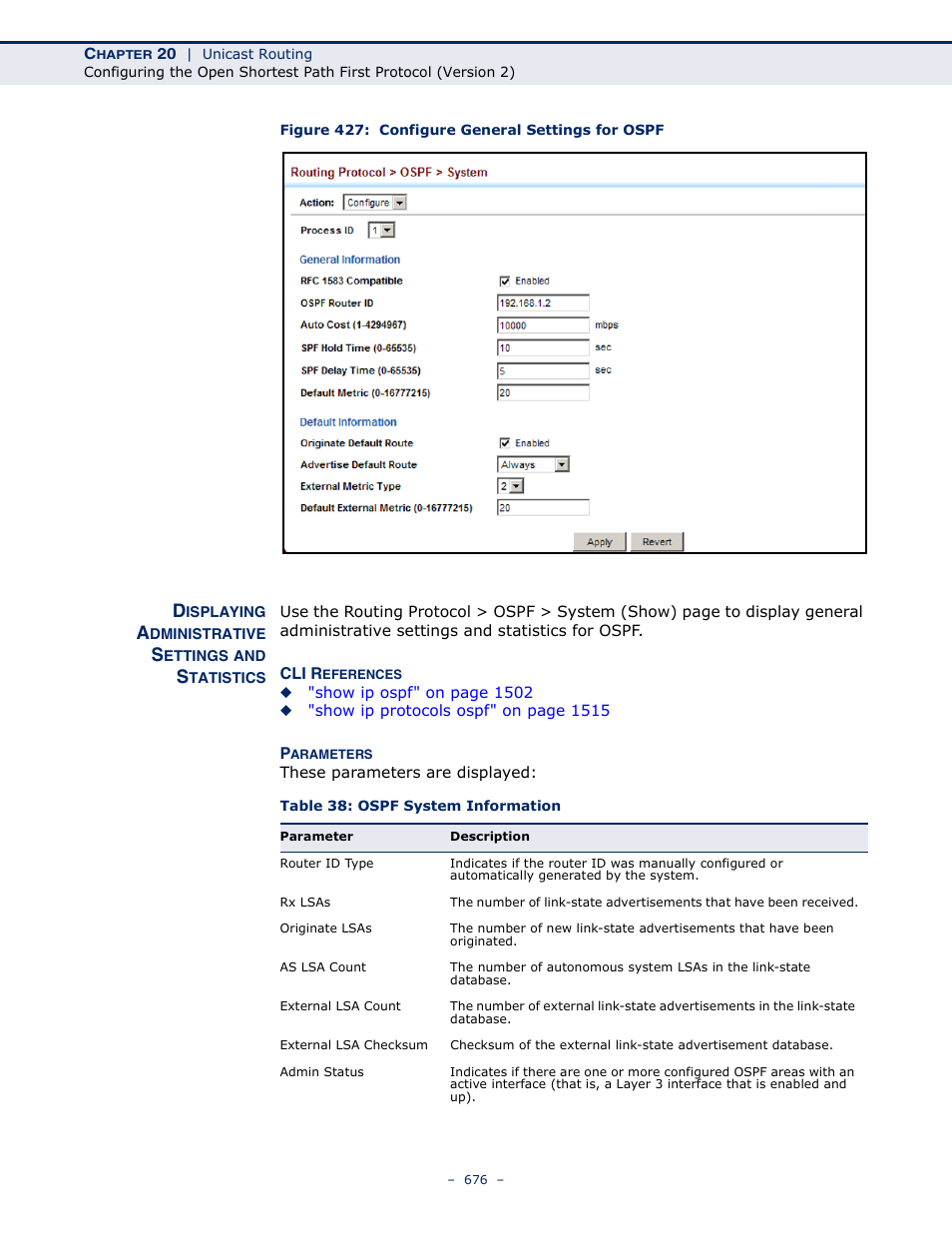 Displaying administrative settings and statistics, Figure 427: configure general settings for ospf, Table 38: ospf system information | LevelOne GTL-2691 User Manual | Page 676 / 1644