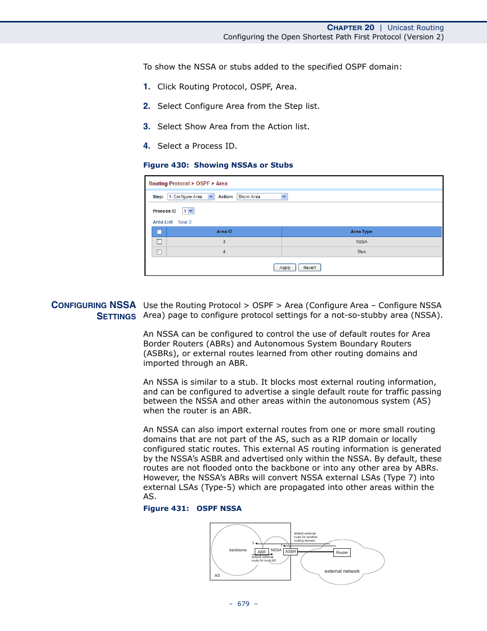 Configuring nssa settings, Figure 430: showing nssas or stubs, Figure 431: ospf nssa | Nssa s | LevelOne GTL-2691 User Manual | Page 679 / 1644