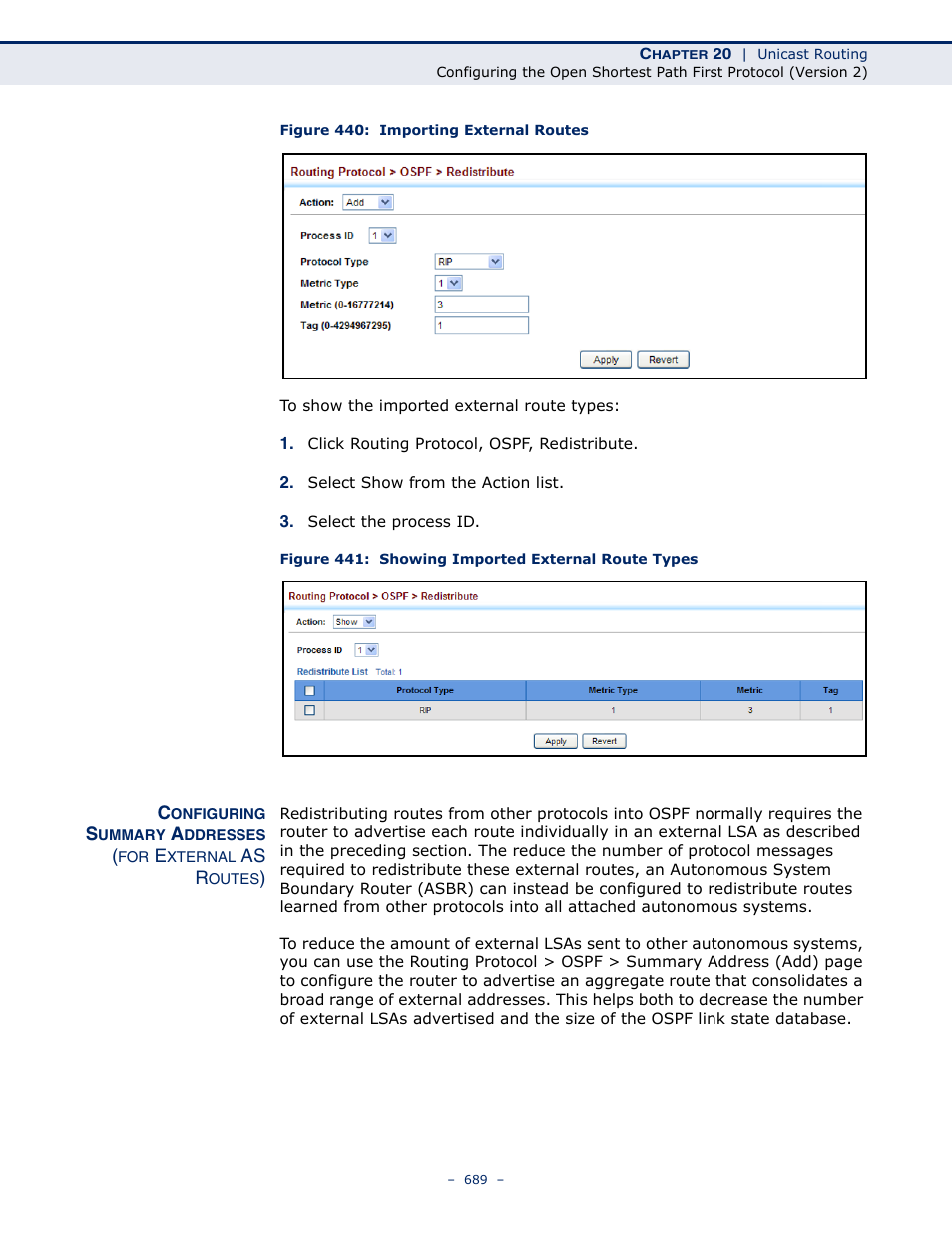 Figure 440: importing external routes, Figure 441: showing imported external route types | LevelOne GTL-2691 User Manual | Page 689 / 1644