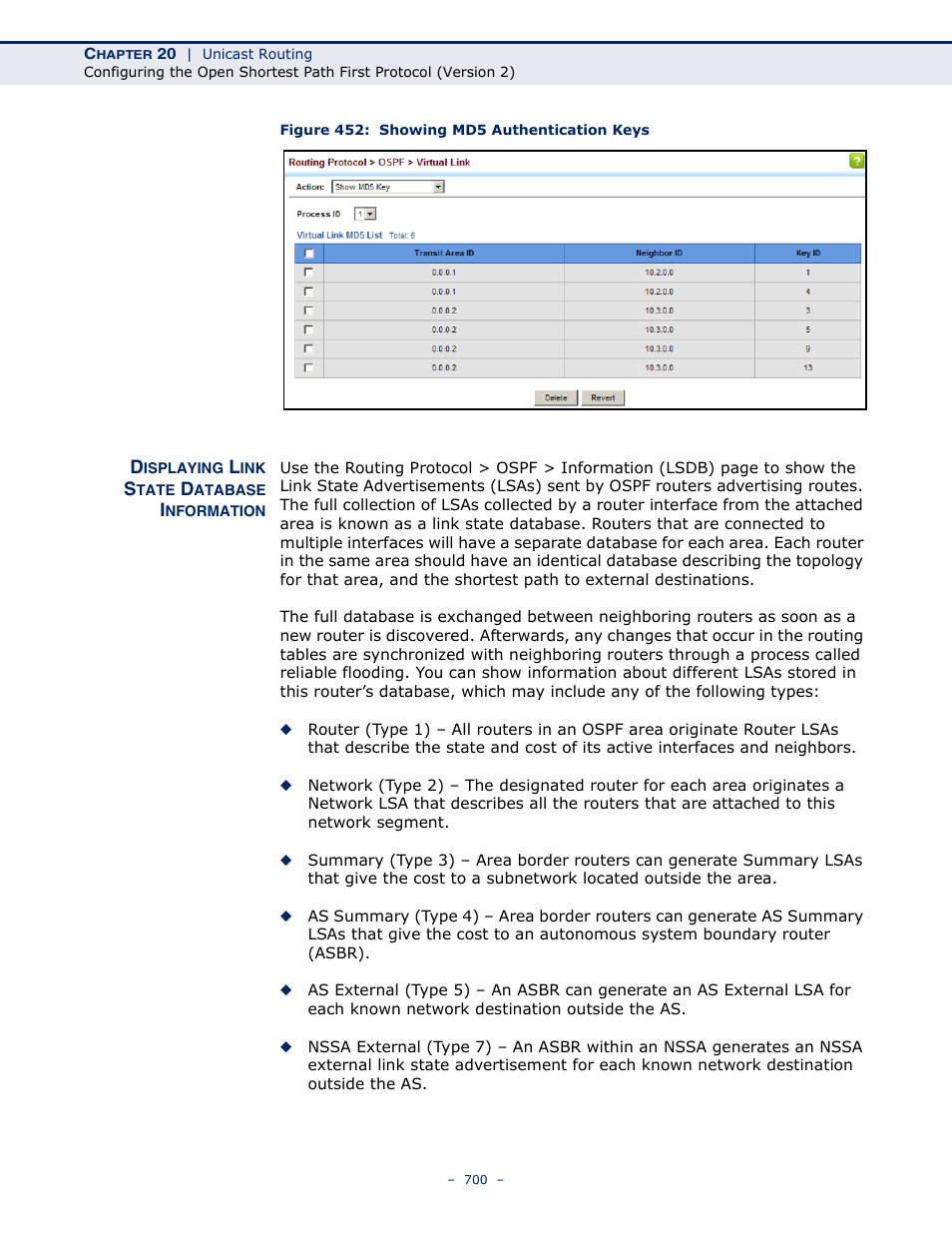 Displaying link state database information, Figure 452: showing md5 authentication keys | LevelOne GTL-2691 User Manual | Page 700 / 1644