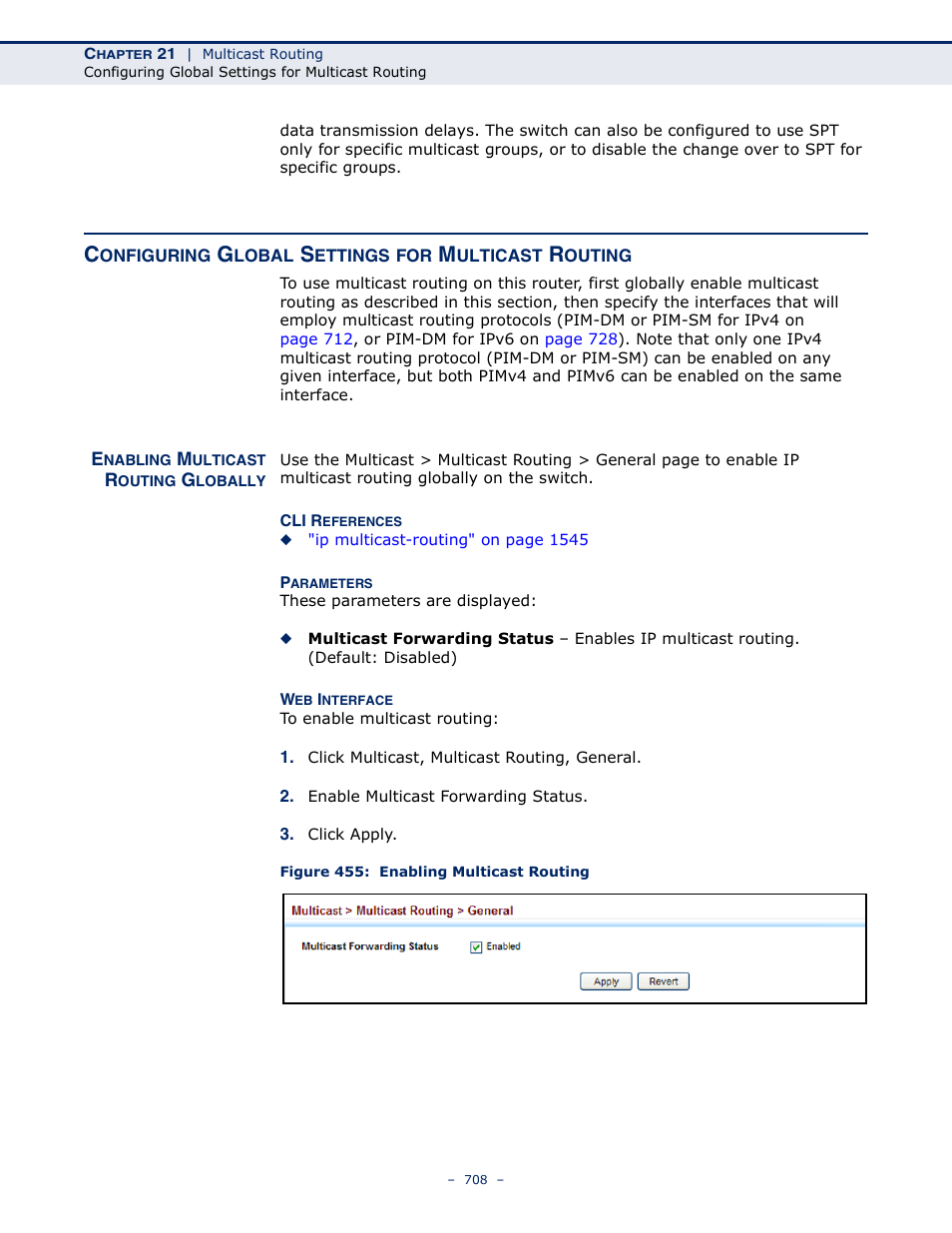 Configuring global settings for multicast routing, Enabling multicast routing globally, Figure 455: enabling multicast routing | Configuring global, Enabling, Configuring global settings for | LevelOne GTL-2691 User Manual | Page 708 / 1644