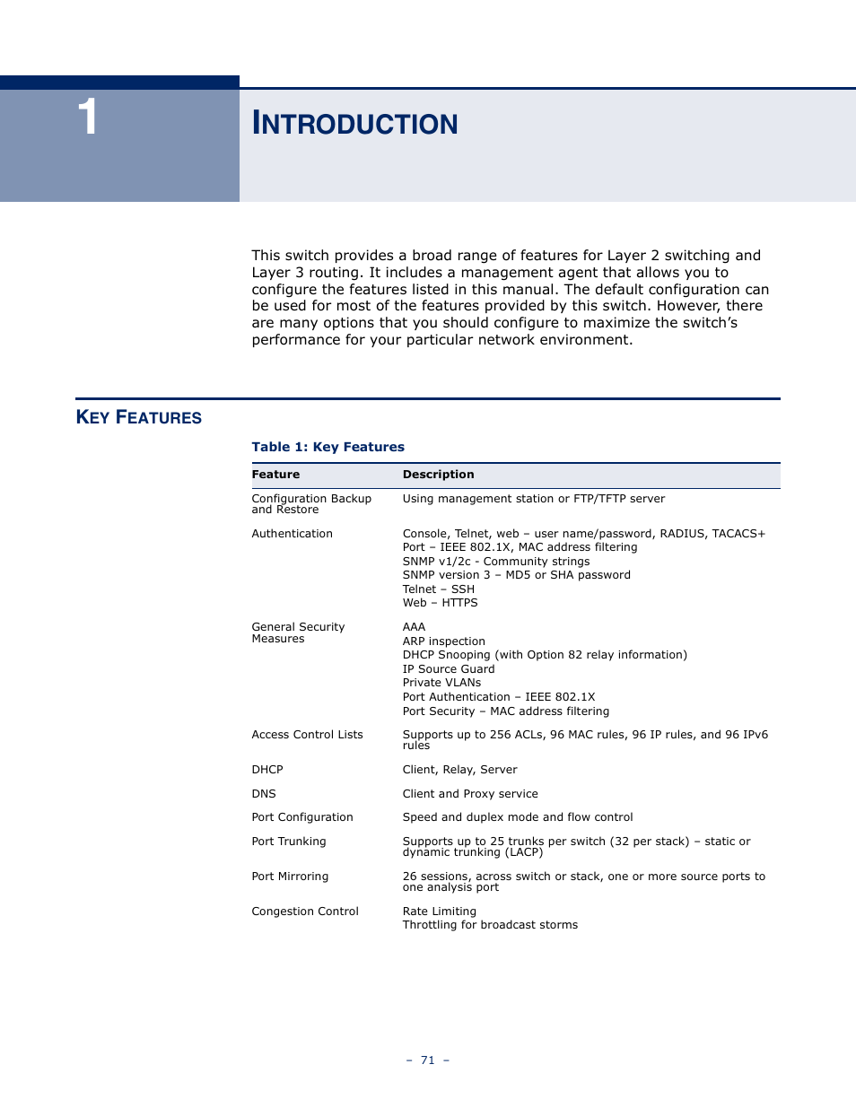 Introduction, Key features, Ntroduction | Table 1: key features | LevelOne GTL-2691 User Manual | Page 71 / 1644