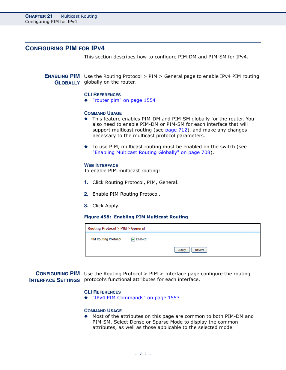 Configuring pim for ipv4, Enabling pim globally, Configuring pim interface settings | Figure 458: enabling pim multicast routing | LevelOne GTL-2691 User Manual | Page 712 / 1644