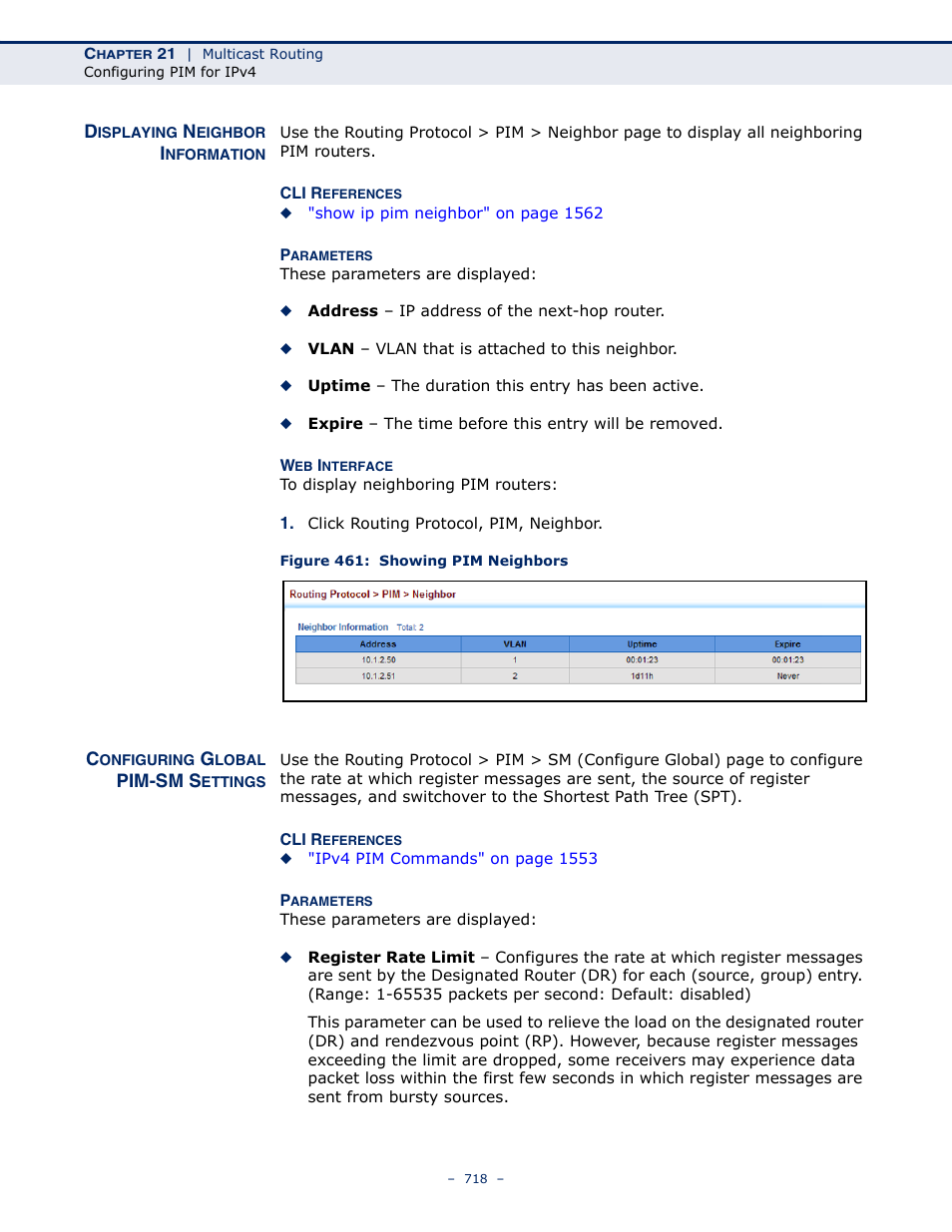 Displaying neighbor information, Configuring global pim-sm settings, Figure 461: showing pim neighbors | LevelOne GTL-2691 User Manual | Page 718 / 1644