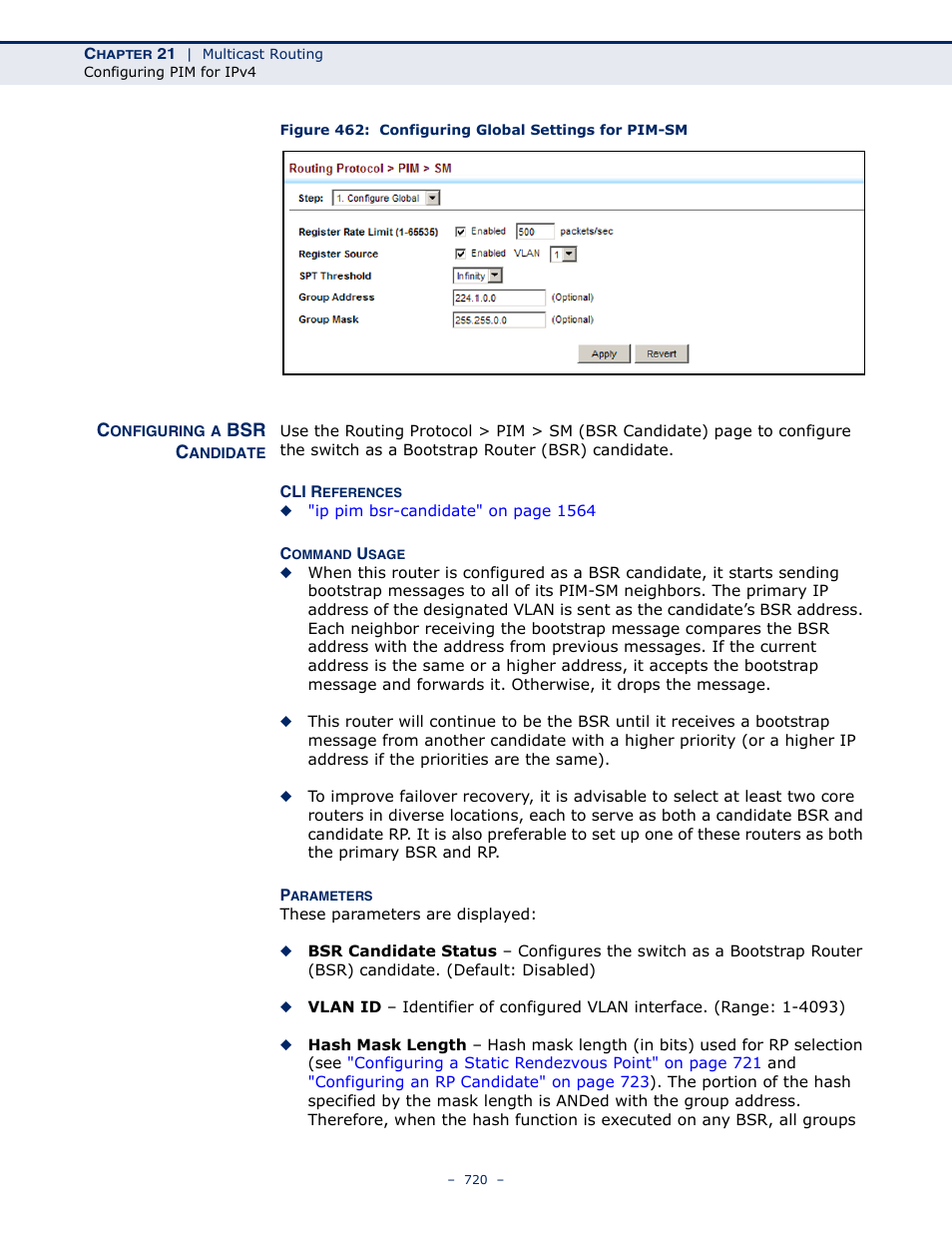 Configuring a bsr candidate, Figure 462: configuring global settings for pim-sm | LevelOne GTL-2691 User Manual | Page 720 / 1644