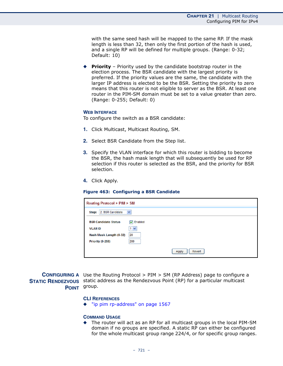 Configuring a static rendezvous point, Figure 463: configuring a bsr candidate | LevelOne GTL-2691 User Manual | Page 721 / 1644