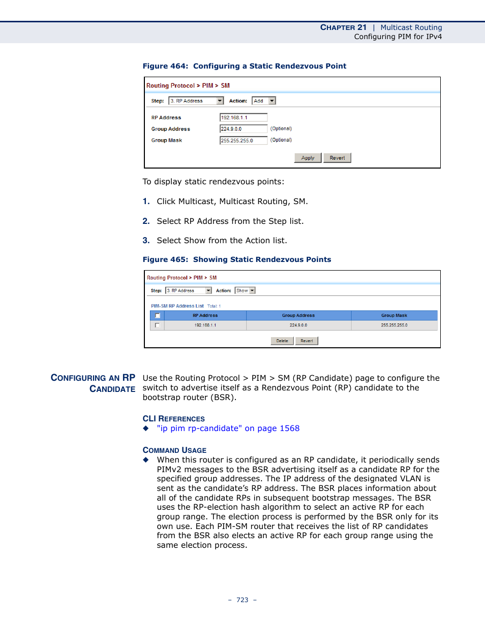 Configuring an rp candidate, Figure 464: configuring a static rendezvous point, Figure 465: showing static rendezvous points | LevelOne GTL-2691 User Manual | Page 723 / 1644