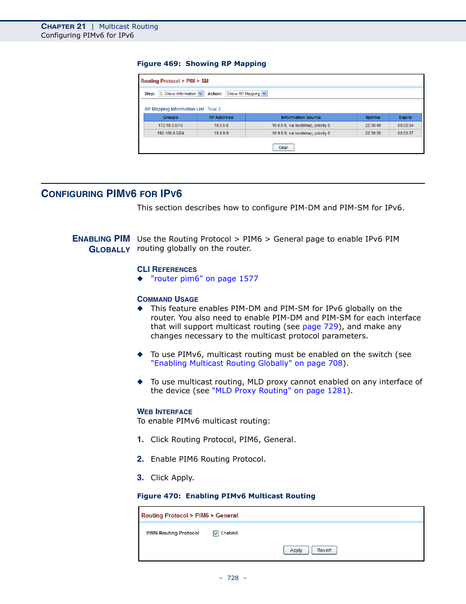 Configuring pimv6 for ipv6, Enabling pim globally, Figure 469: showing rp mapping | Figure 470: enabling pimv6 multicast routing | LevelOne GTL-2691 User Manual | Page 728 / 1644