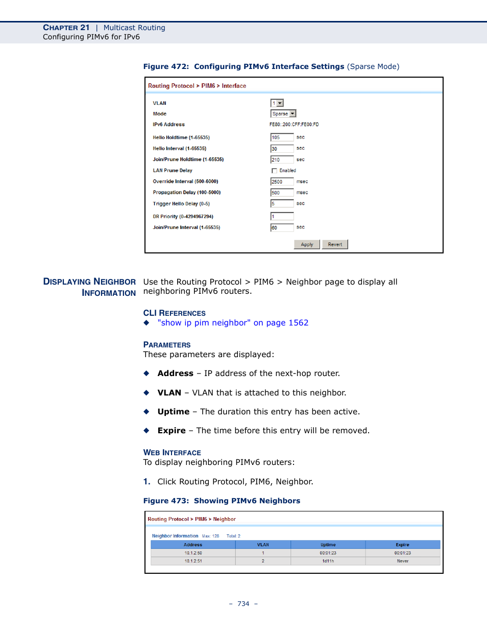 Displaying neighbor information, Figure 473: showing pimv6 neighbors | LevelOne GTL-2691 User Manual | Page 734 / 1644