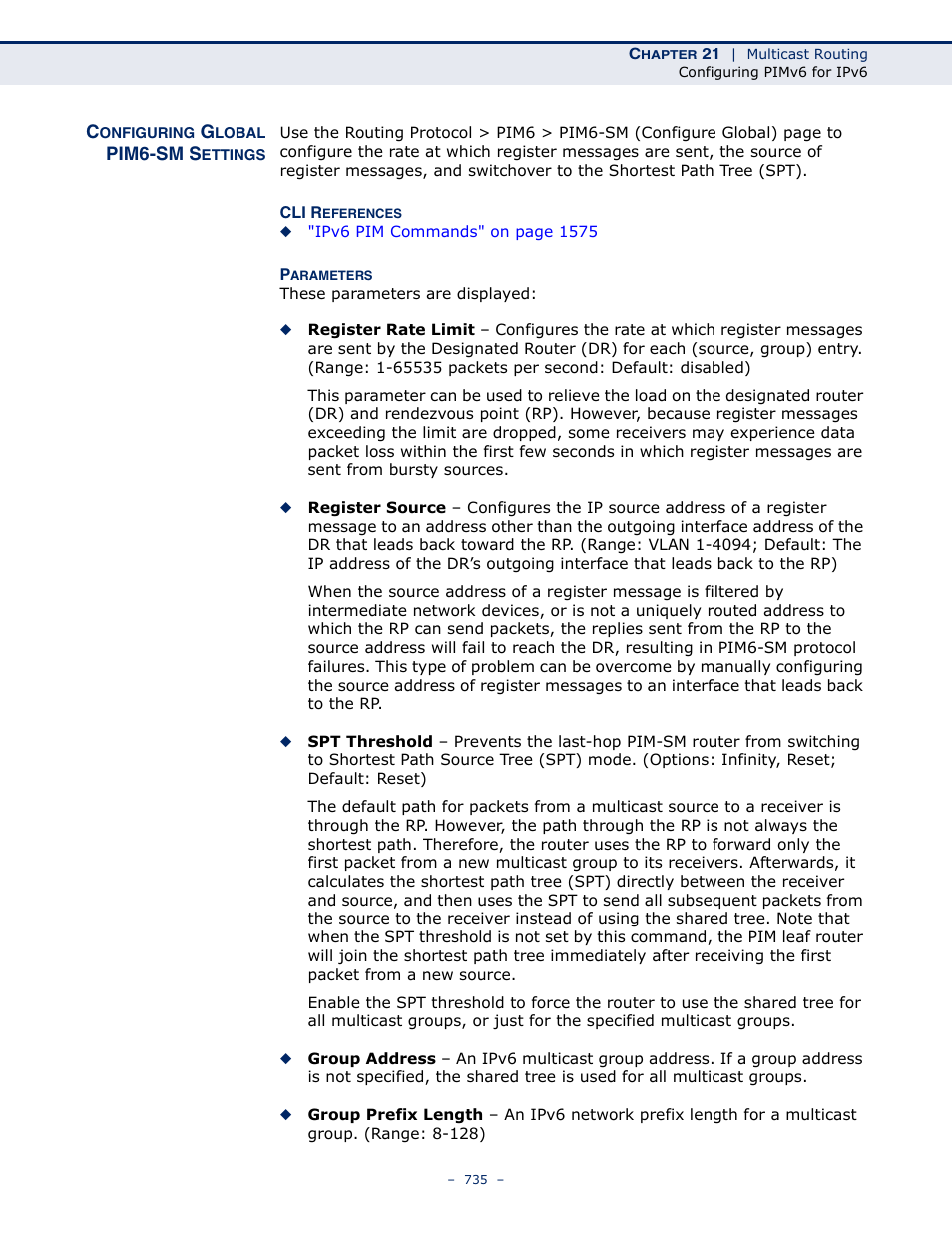 Configuring global pim6-sm settings | LevelOne GTL-2691 User Manual | Page 735 / 1644