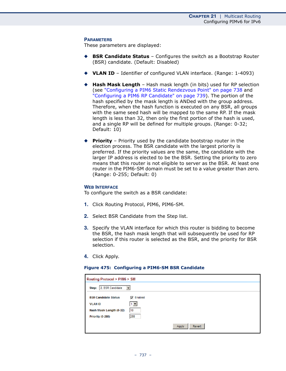 Figure 475: configuring a pim6-sm bsr candidate | LevelOne GTL-2691 User Manual | Page 737 / 1644