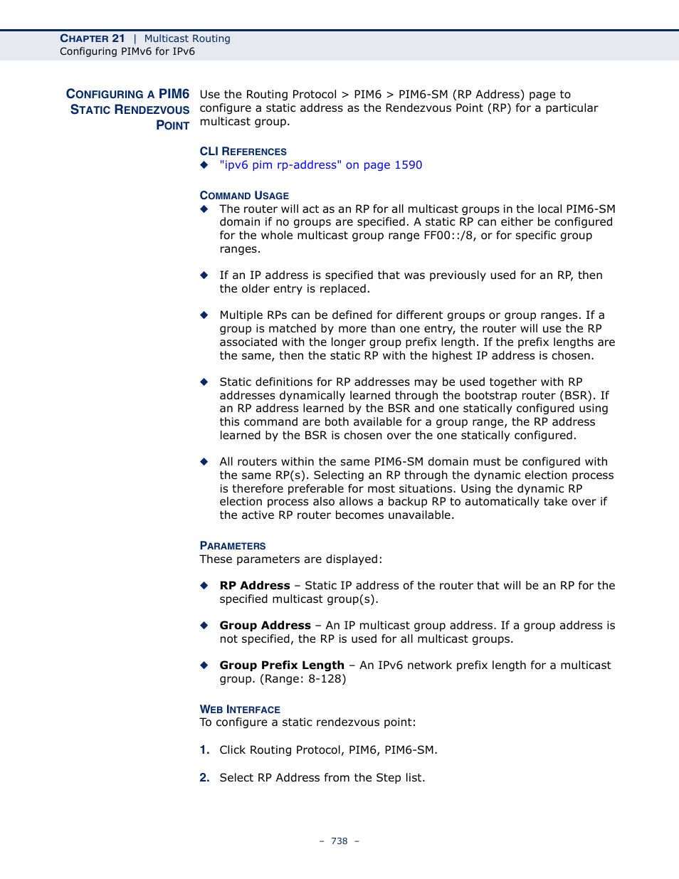 Configuring a pim6 static rendezvous point | LevelOne GTL-2691 User Manual | Page 738 / 1644