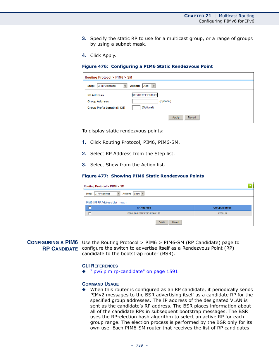 Configuring a pim6 rp candidate, Figure 477: showing pim6 static rendezvous points | LevelOne GTL-2691 User Manual | Page 739 / 1644