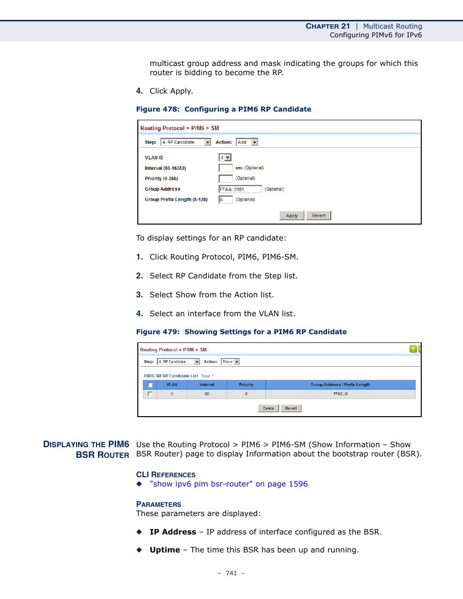 Displaying the pim6 bsr router, Figure 478: configuring a pim6 rp candidate | LevelOne GTL-2691 User Manual | Page 741 / 1644