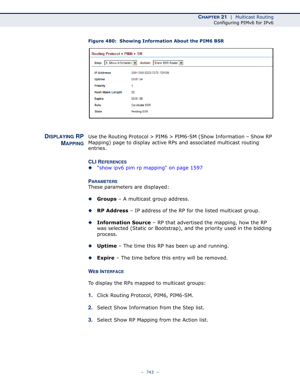 Displaying rp mapping, Figure 480: showing information about the pim6 bsr | LevelOne GTL-2691 User Manual | Page 743 / 1644