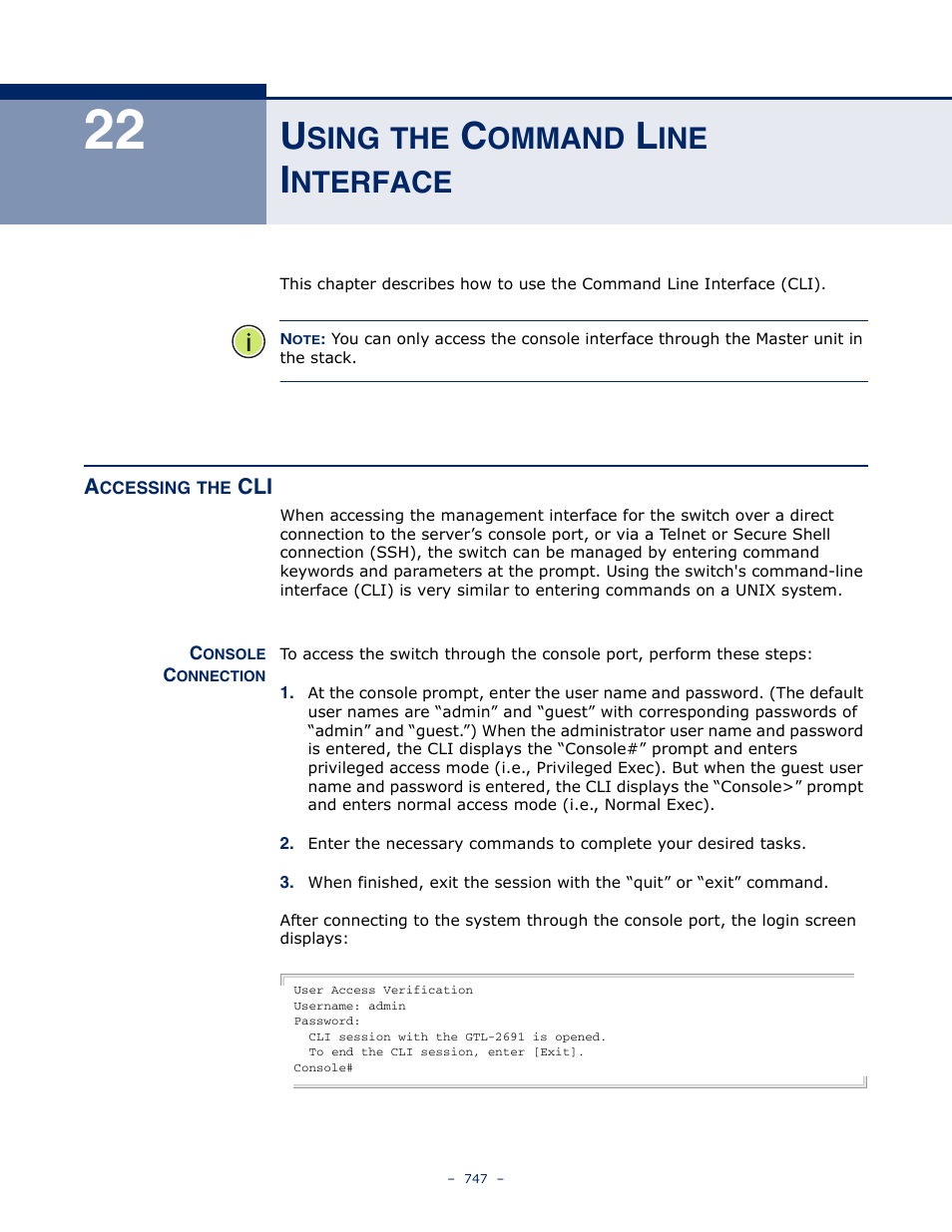 Using the command line interface, Accessing the cli, Console connection | 22 u, Sing, Ommand, Nterface, Using the command line | LevelOne GTL-2691 User Manual | Page 747 / 1644