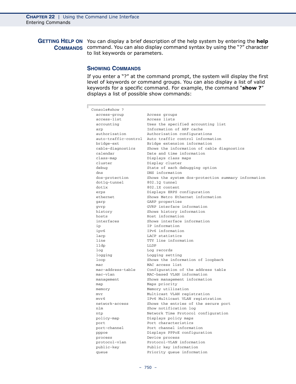 Getting help on commands, Showing commands | LevelOne GTL-2691 User Manual | Page 750 / 1644