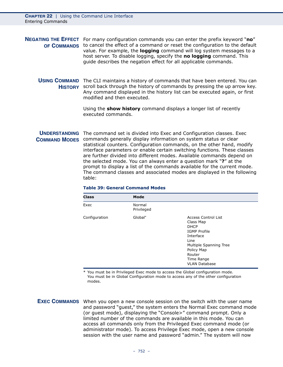 Negating the effect of commands, Using command history, Understanding command modes | Exec commands, Table 39: general command modes | LevelOne GTL-2691 User Manual | Page 752 / 1644