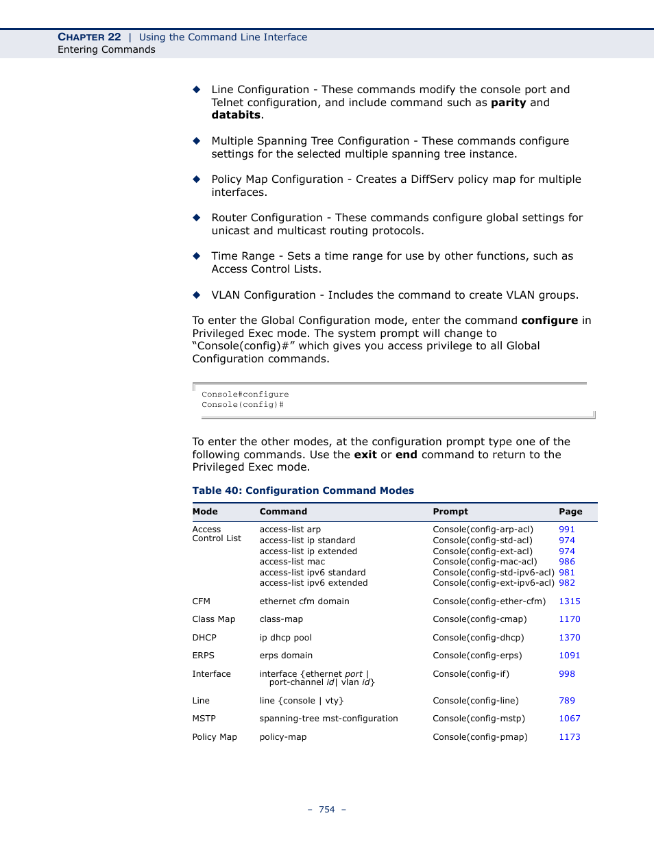 Table 40: configuration command modes | LevelOne GTL-2691 User Manual | Page 754 / 1644