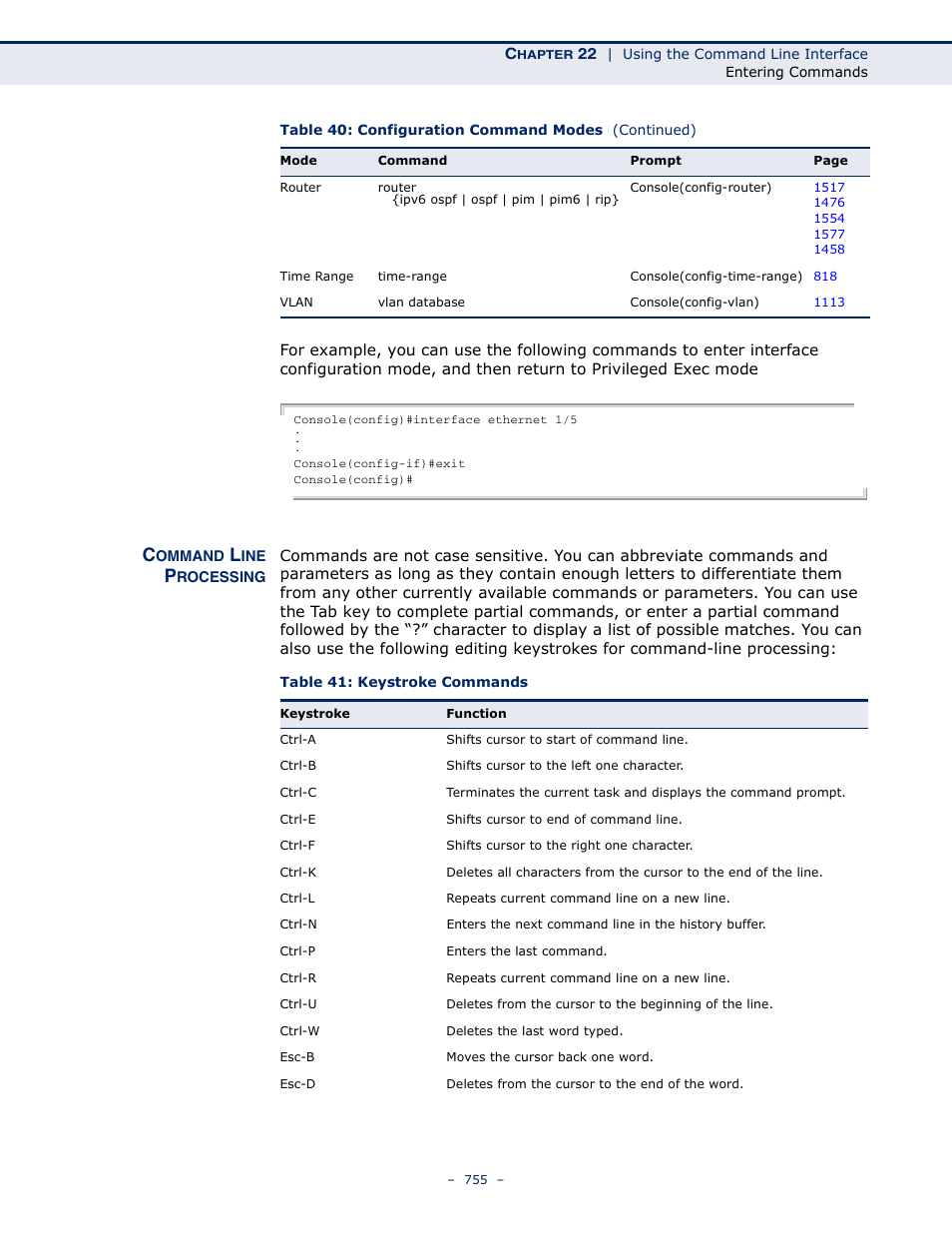 Command line processing, Table 41: keystroke commands | LevelOne GTL-2691 User Manual | Page 755 / 1644