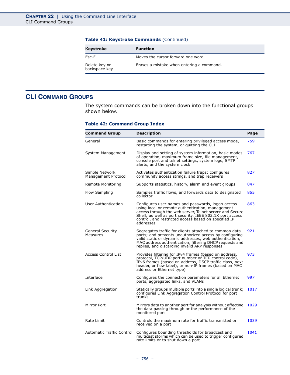 Cli command groups, Table 42: command group index, Cli command groups" on | Cli c, Ommand, Roups | LevelOne GTL-2691 User Manual | Page 756 / 1644