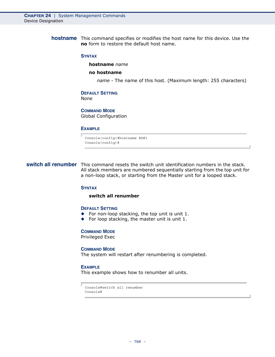 Hostname, Switch all renumber, Hostname 768 switch all renumber | LevelOne GTL-2691 User Manual | Page 768 / 1644