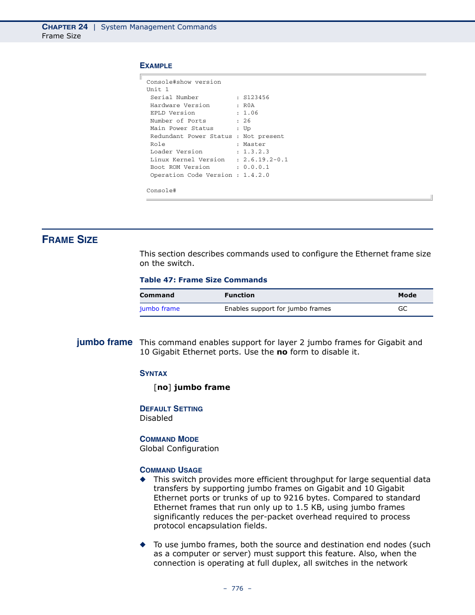 Frame size, Jumbo frame, Table 47: frame size commands | LevelOne GTL-2691 User Manual | Page 776 / 1644